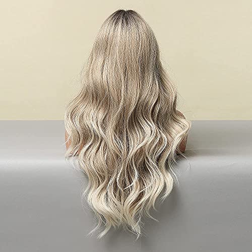 26 Inch Extra Long Wavy Ombre Blonde Wig with Dark Roots & Middle Part - Perfect for Cosplay, Halloween Costumes & Daily Fashion Styling
