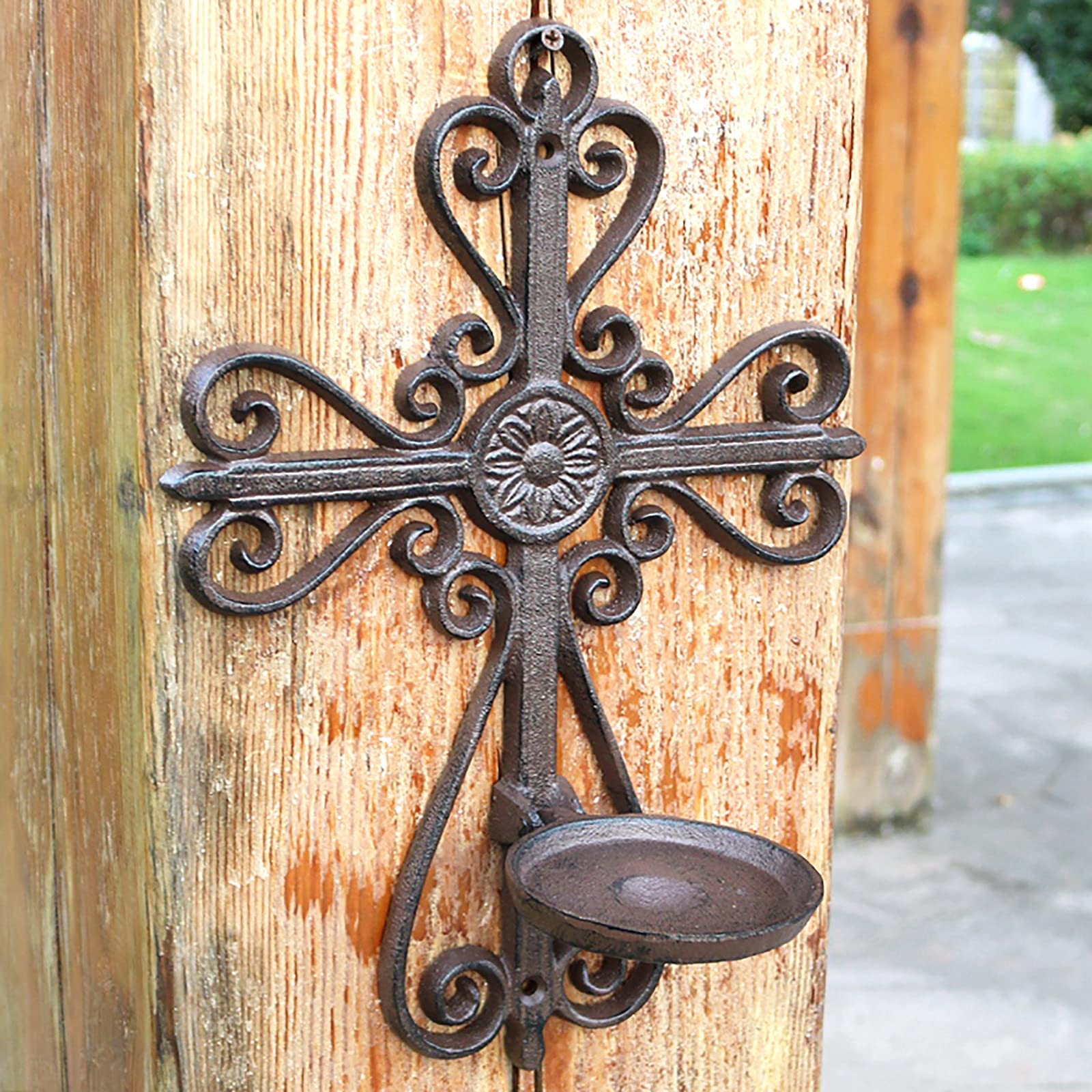 Vintage Wrought Iron Wall Candle Holder - Rustic Ornate Cross Hanging Decor for Catholic Home, Church & Wedding Ceremony - Perfect for Pillar Candles & Spiritual Atmosphere