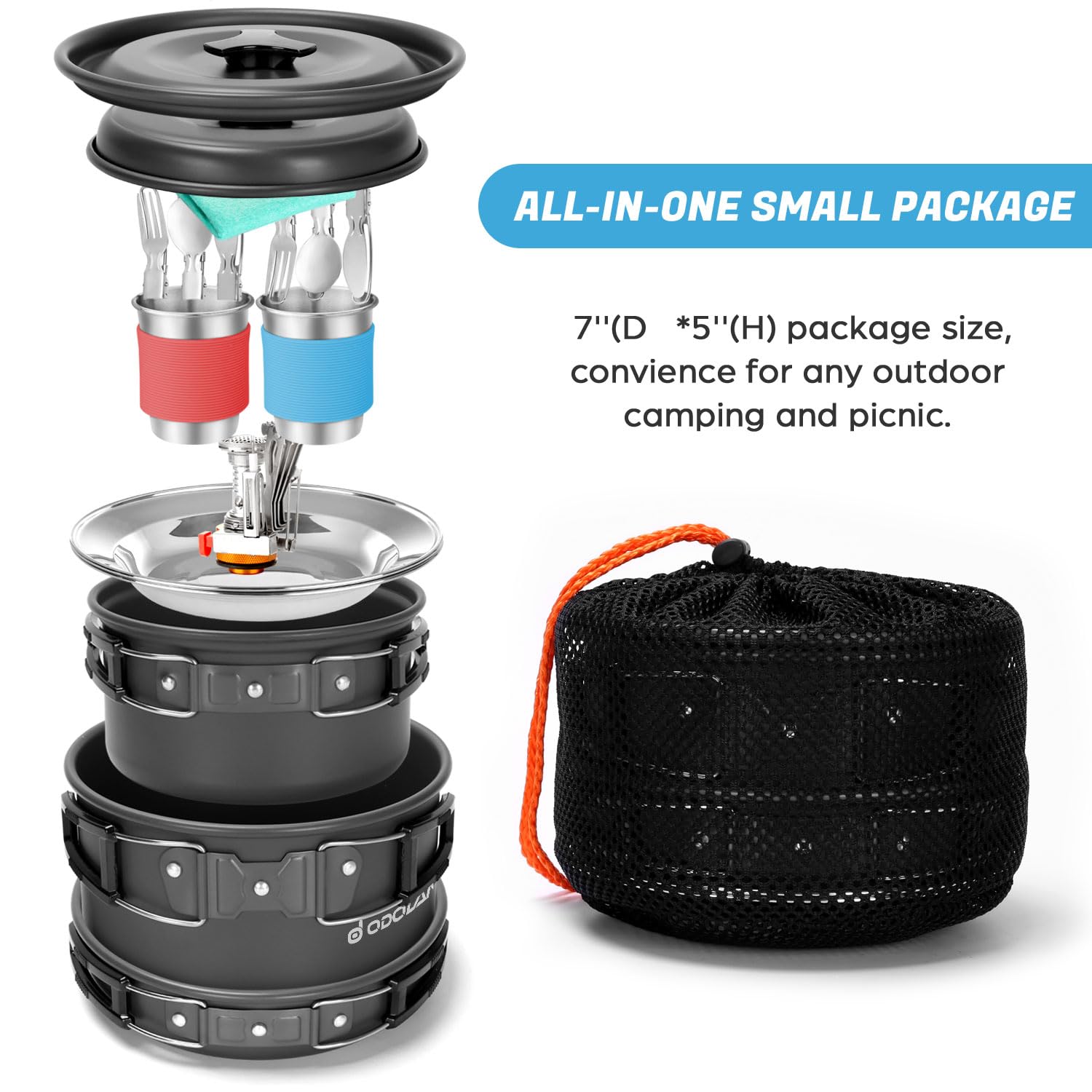 Odoland 16-Piece Camping Cookware Set with Folding Stove - Non-Stick Lightweight Pots, Pans, Stainless Steel Cups, Plates, Forks & Spoons - Perfect for Camping, Backpacking, Hiking & Outdoor Cooking Adventures
