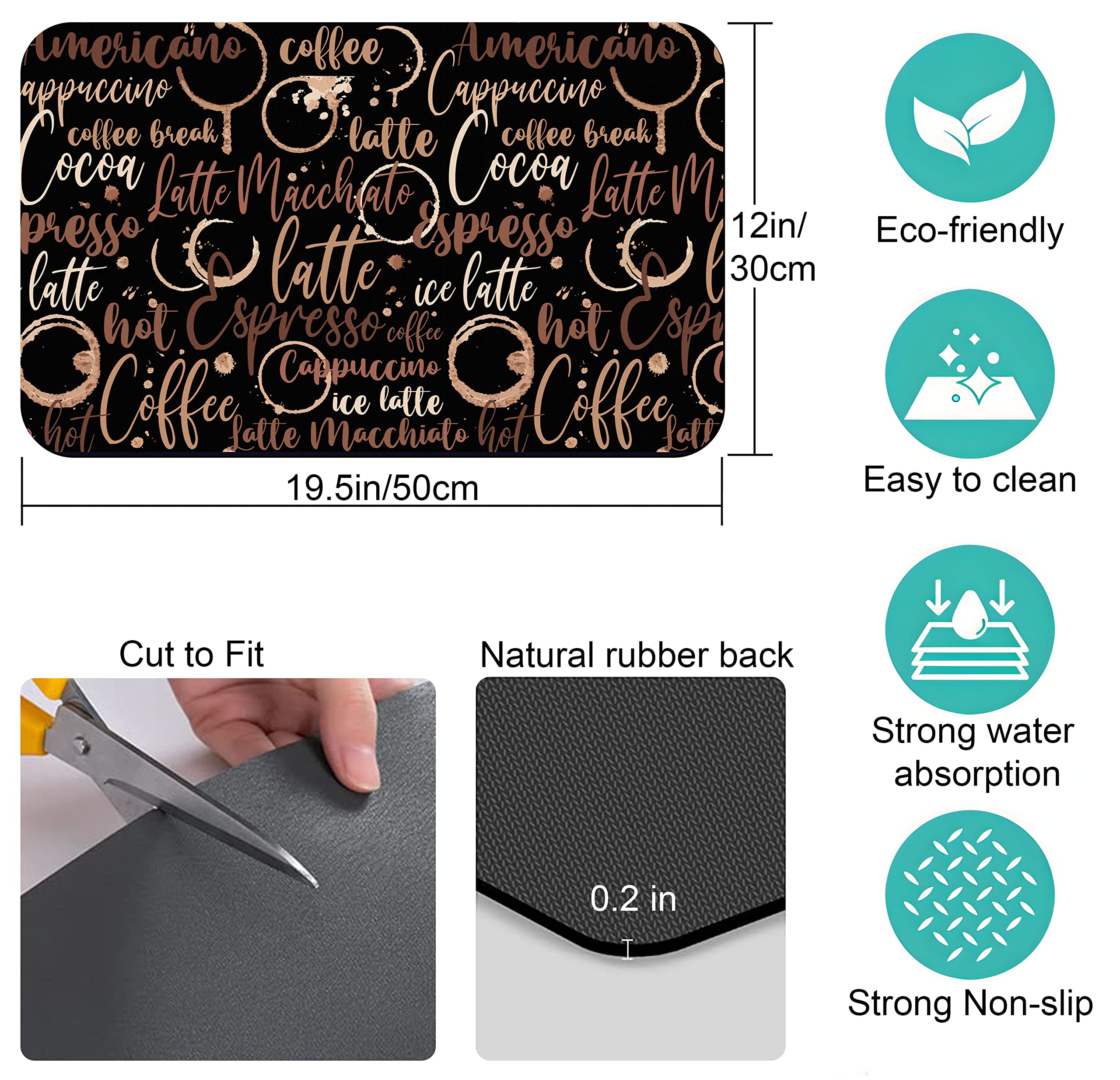 Premium Absorbent Coffee Bar Mat - Non-Slip Rubber Backed Countertop Protector (20x12 Inch) - Ideal for Kitchen Counter, Dish Drying & Decor - Perfect Gift for Coffee Lovers & Home Chefs