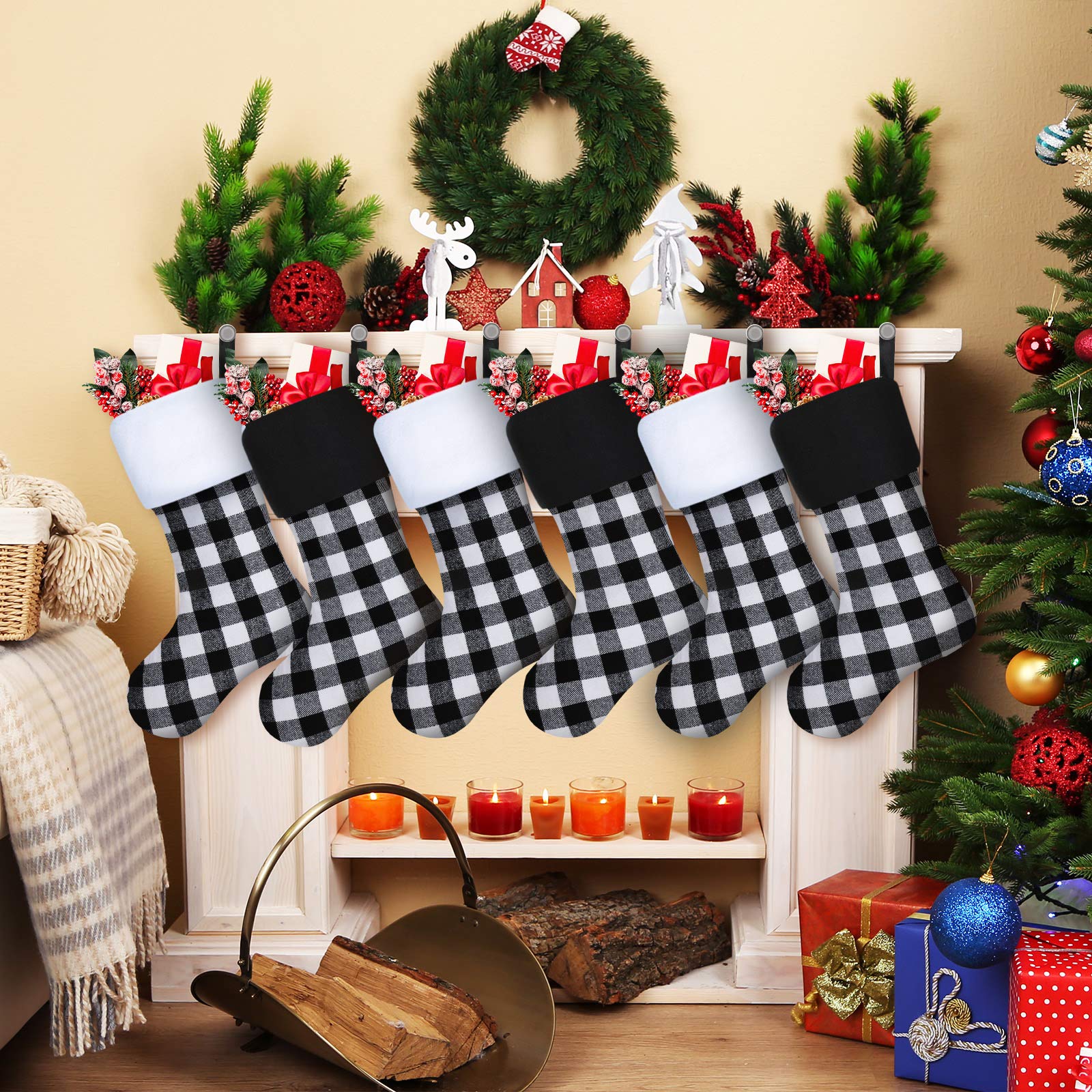Skylety 20 Inch Christmas Stockings - Plaid Holiday Stockings with Faux Fur Cuff for Fireplace Decorations, Family Xmas Party (Black & White, Set of 6) - Perfect for Christmas Tree Decor, Gift Exchange & Festive Home Decor