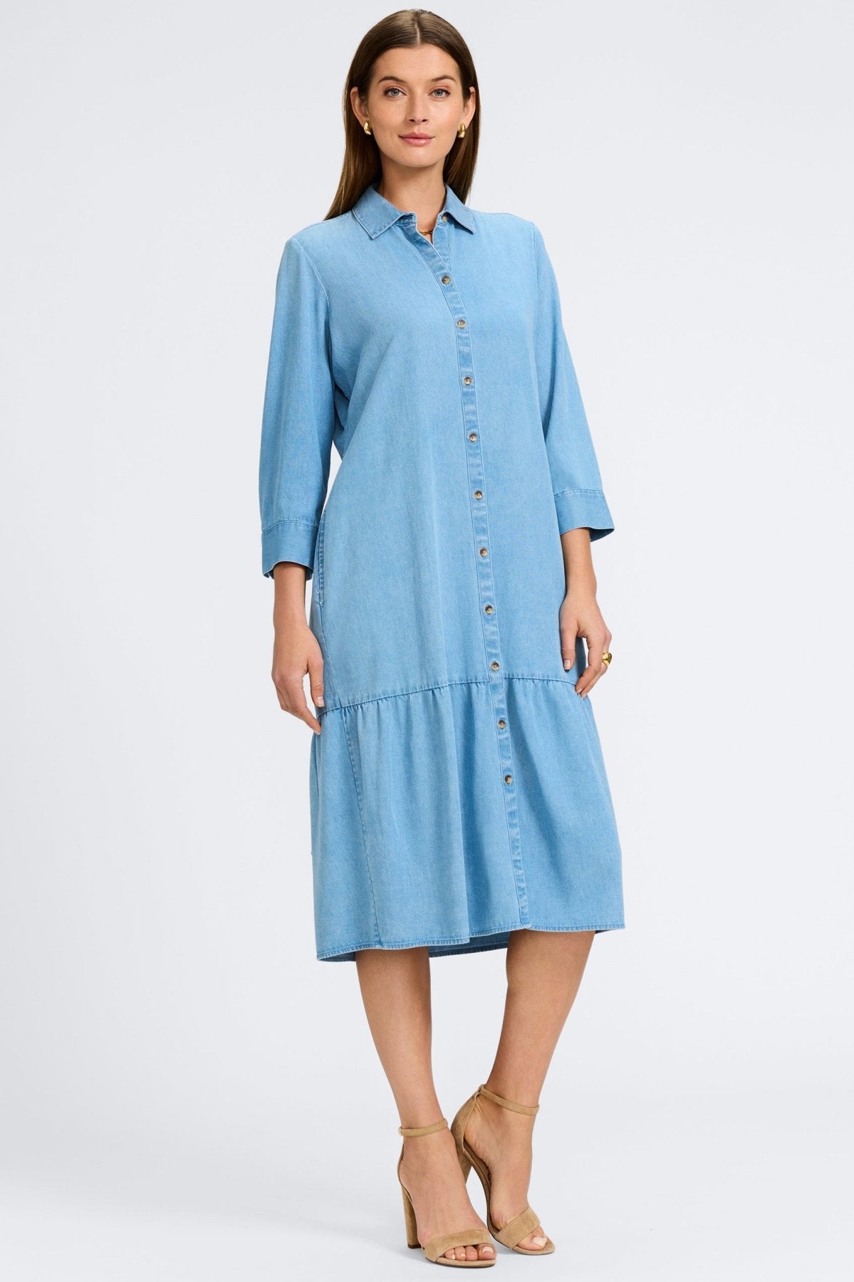 Ivy Tencel® Denim 3/4 Sleeve Midi Dress for Women - Comfortable Stretch Denim Dress for Casual Outings & Summer Wear