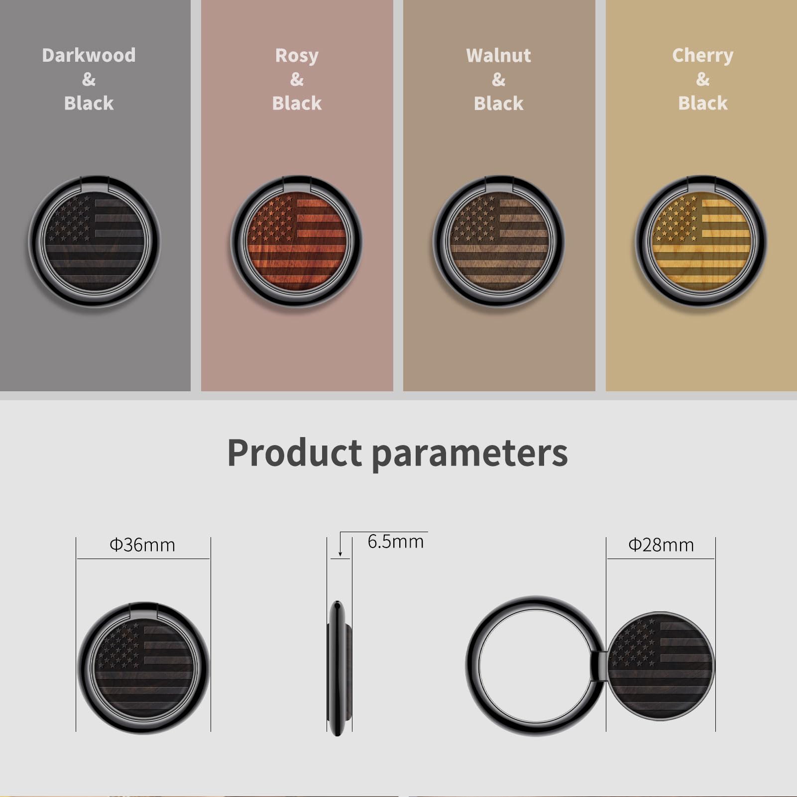 Premium Wooden Phone Ring Holder - Carveit Finger Stand Grip & Kickstand for iPhone 16 Pro Max/15/14/13, Galaxy S24 Ultra/S23, Pixel 9 (Blackwood+Cherry/Black/American Flag) - 2 Pack - Perfect for Workouts, Commuting & Hands-Free Viewing