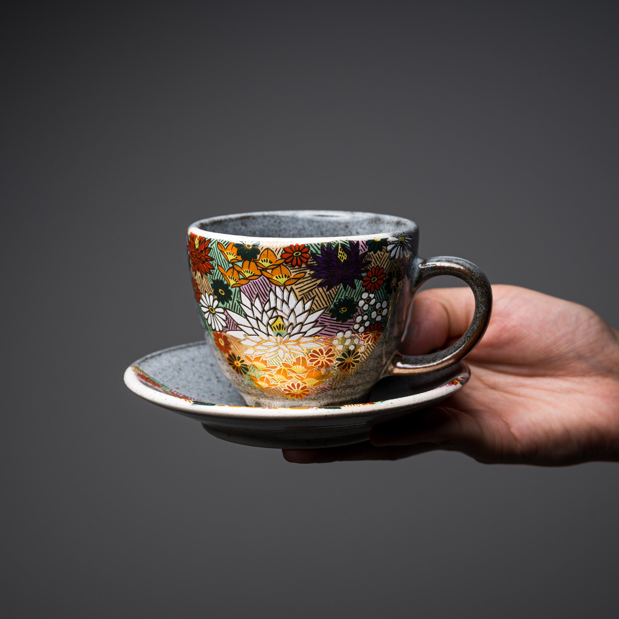 Premium Kutani Ware Tea Cup and Saucer Set - Japanese Hand-Painted Floral Design (Hanazume) - Elegant Tea Ceremony, Home Decor, Gift for Tea Lovers