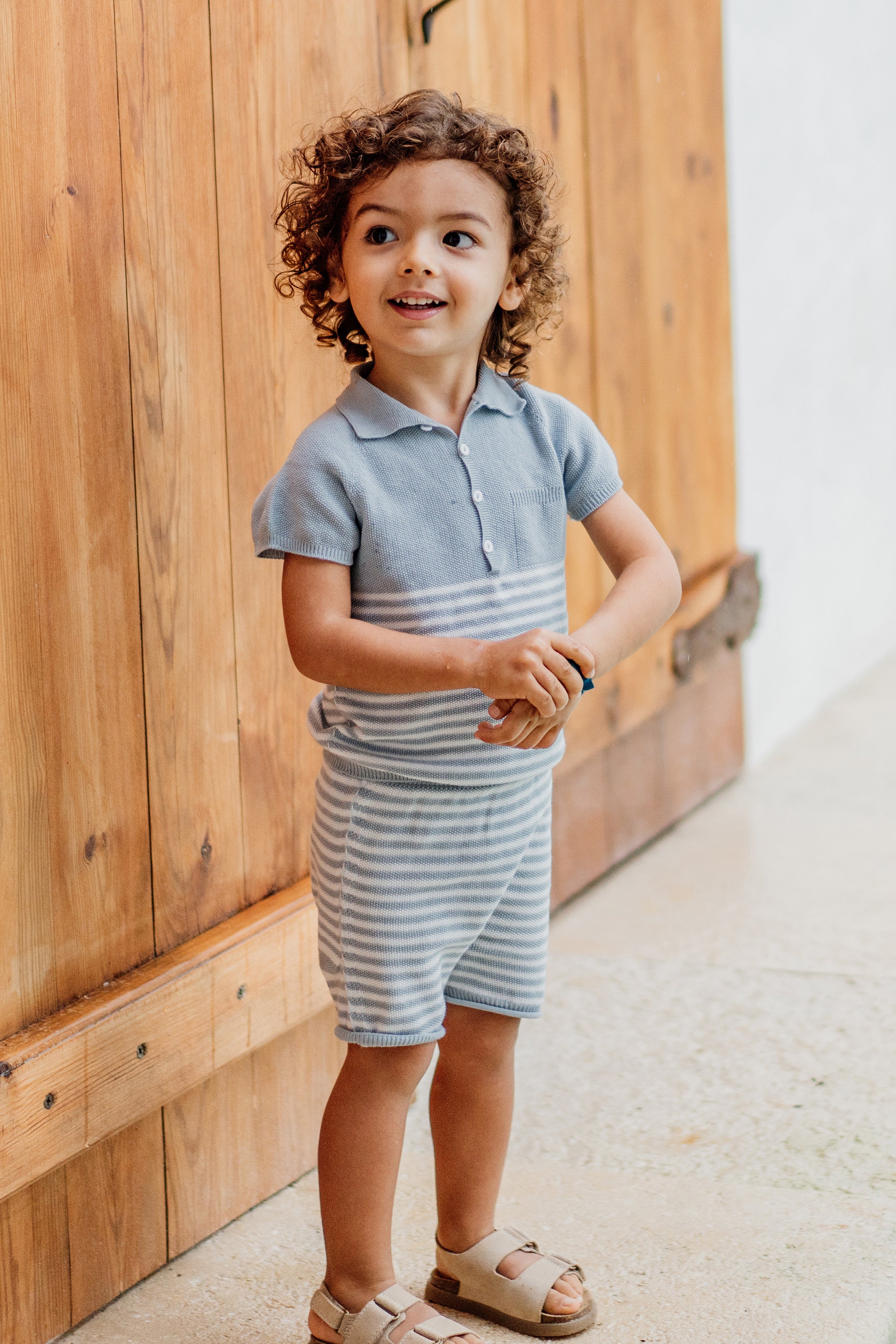 Zachary Soft Blue Striped Knitted Polo Shirt & Shorts Set for Men - Comfortable Casual Summer Outfit for Beach, Vacation and Outdoor Activities