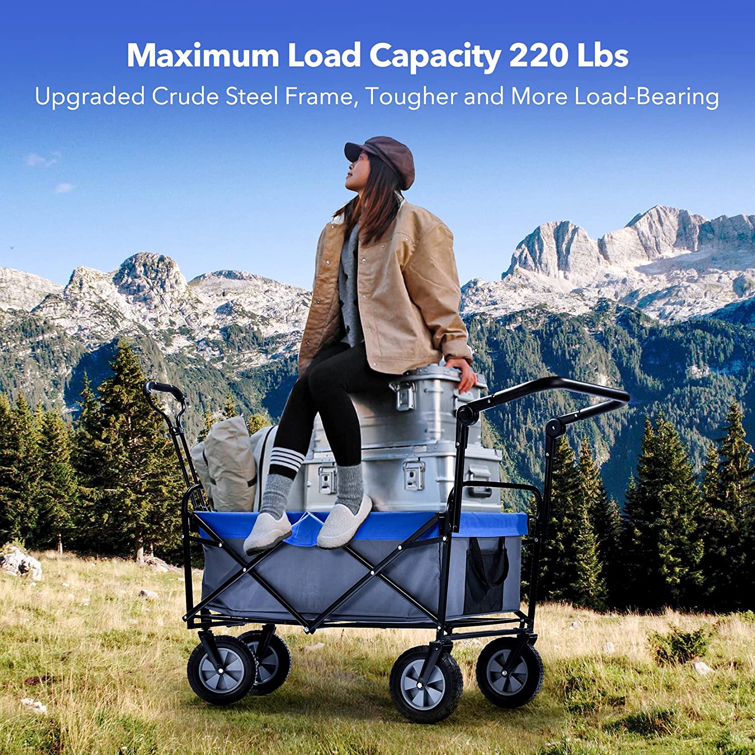 Heavy Duty Foldable Wagon Cart with All Terrain Wheels - 100L Capacity, 220 lbs Load - Portable Utility Collapsible Wagon for Camping, Beach, Grocery Shopping & Outdoor Adventures