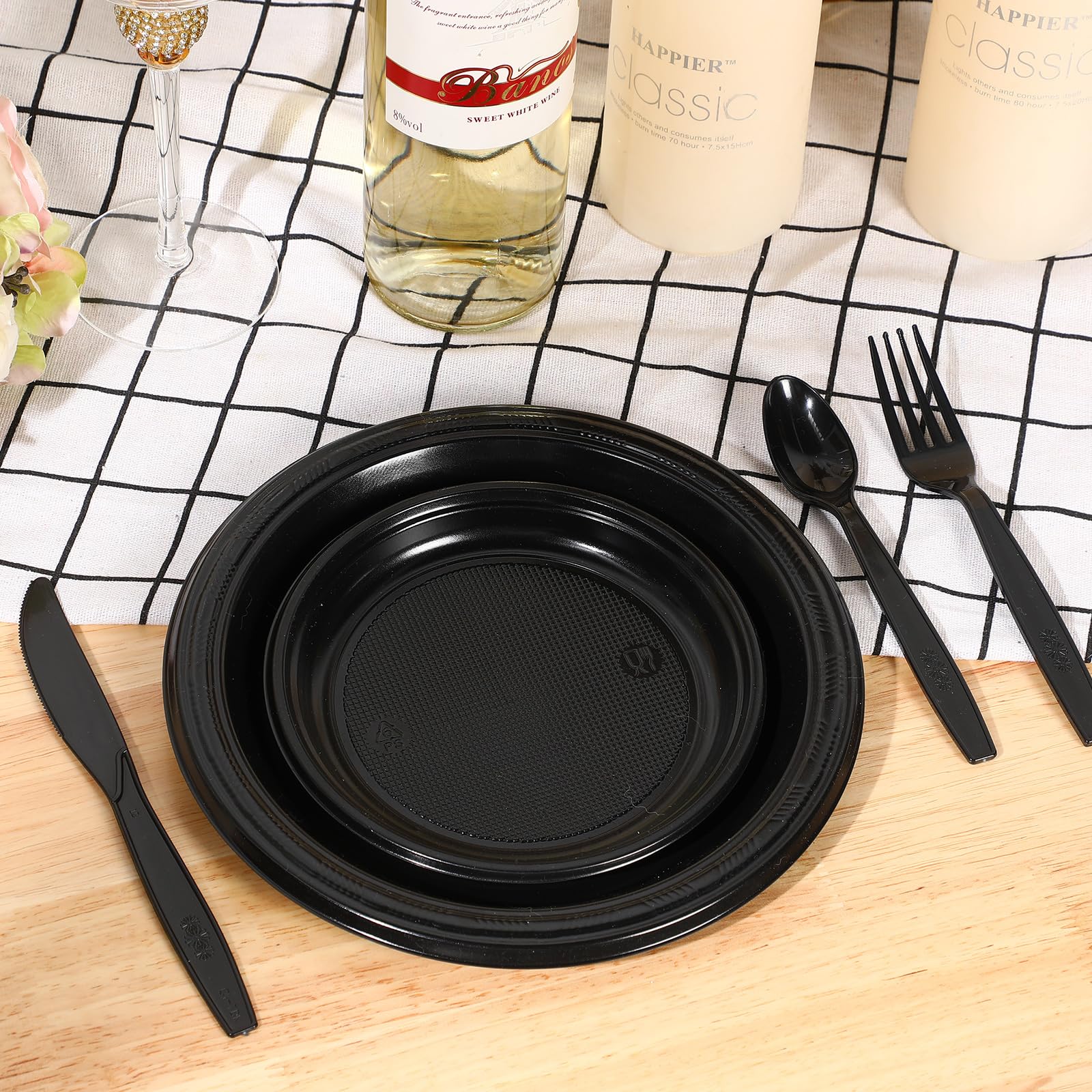 Yaomiao 360-Piece Black Disposable Plastic Dinnerware Set - 50 Dinner Plates, 50 Salad Plates, 50 Cups, 50 Forks, 50 Knives, 50 Spoons & 60 Napkins - Perfect for Birthday Parties, Weddings, Anniversaries & Large Gatherings - Serve 50 Guests with Elegant Tableware