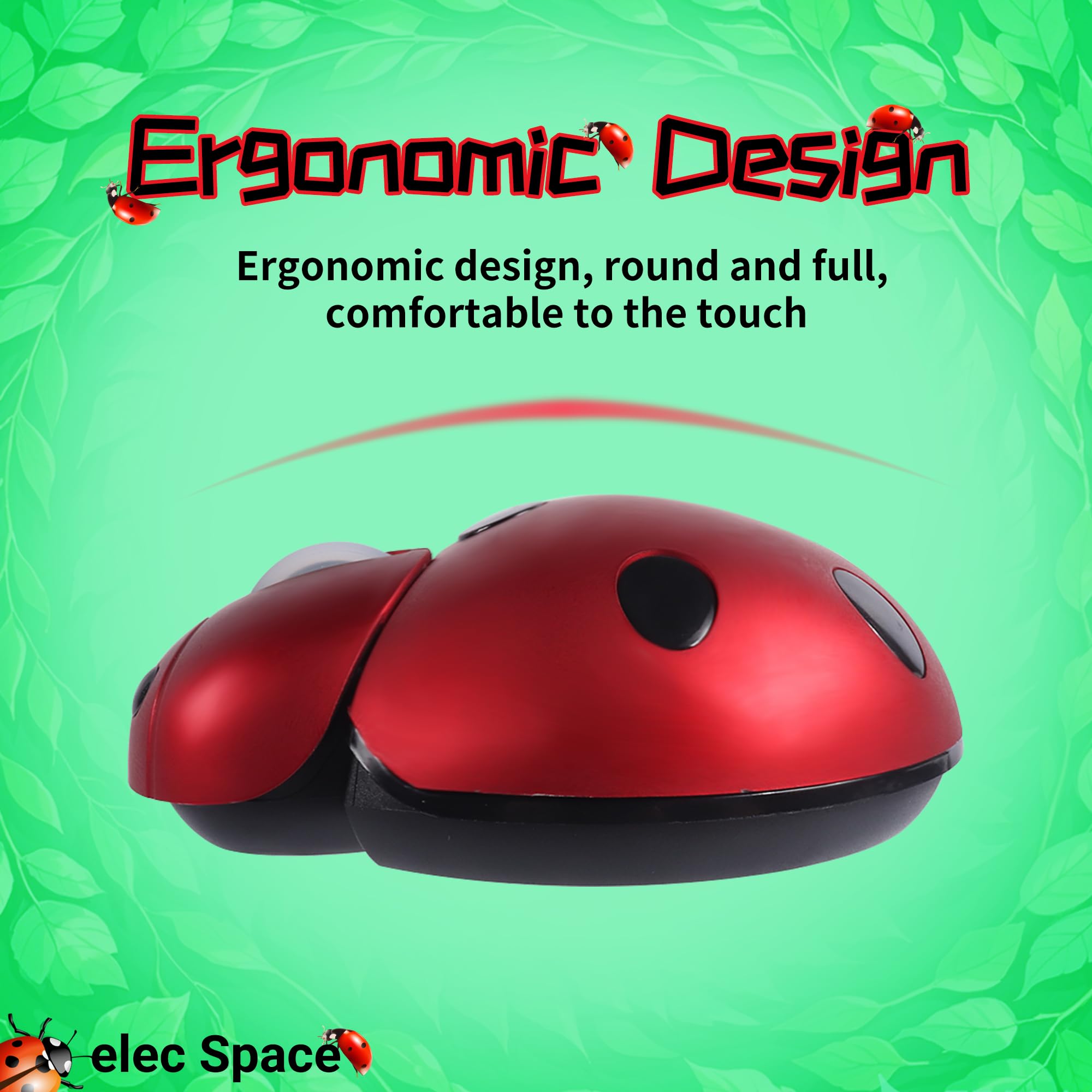 Elec Space Mini Wireless Mouse - Cute Ladybug Design, Ergonomic Cordless Mouse for Kids, Laptop, PC, Mac, Notebook - Includes Mouse Case, Perfect for Home, Office, and School Use (Red)