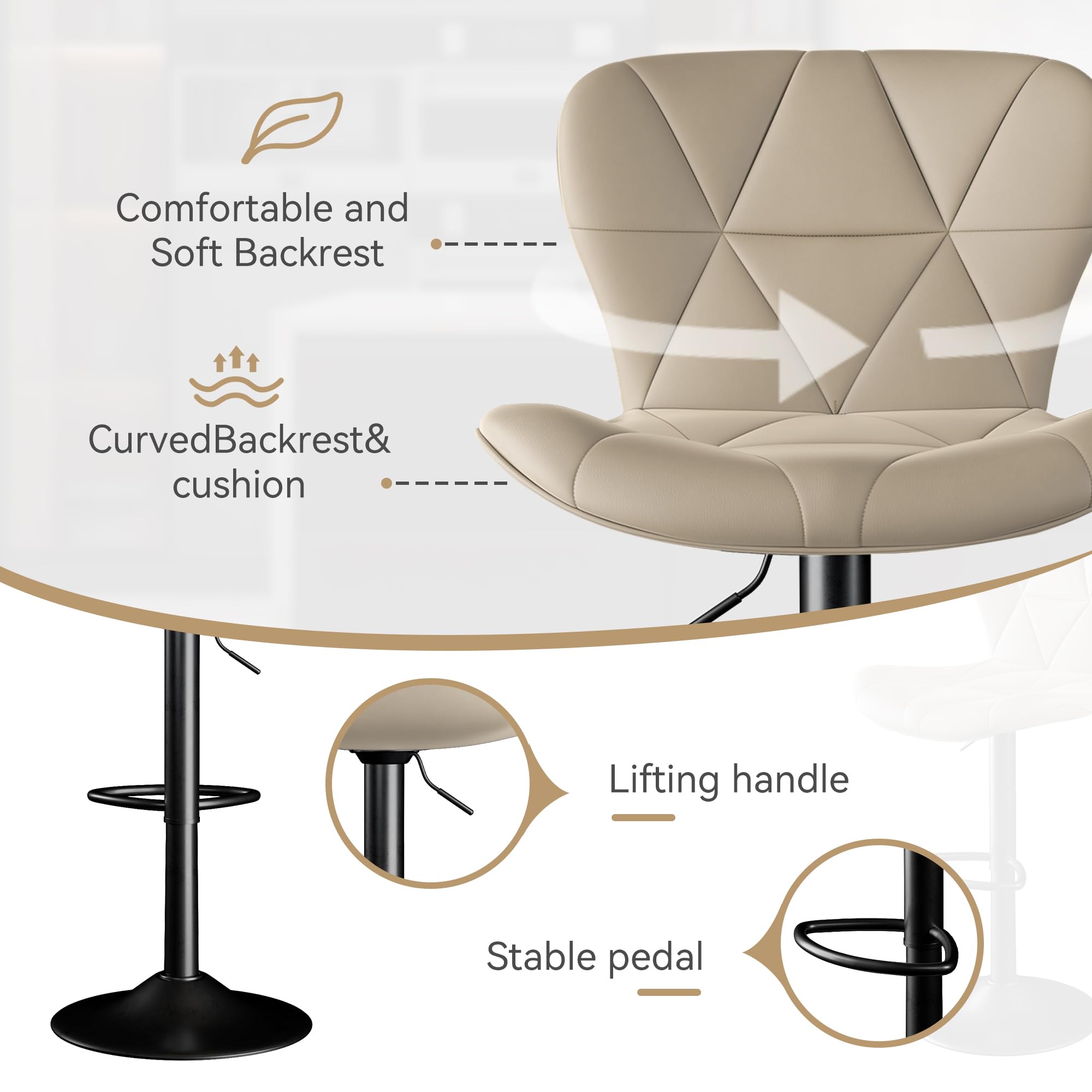 Adjustable Swivel Bar Stools Set of 2 - Faux Leather Upholstered Counter Height Bar Chairs with High Backrest for Kitchen Island, Dining Room & Home Bar (Khaki) - Perfect for Entertaining, Breakfast Nooks & Modern Kitchen Decor