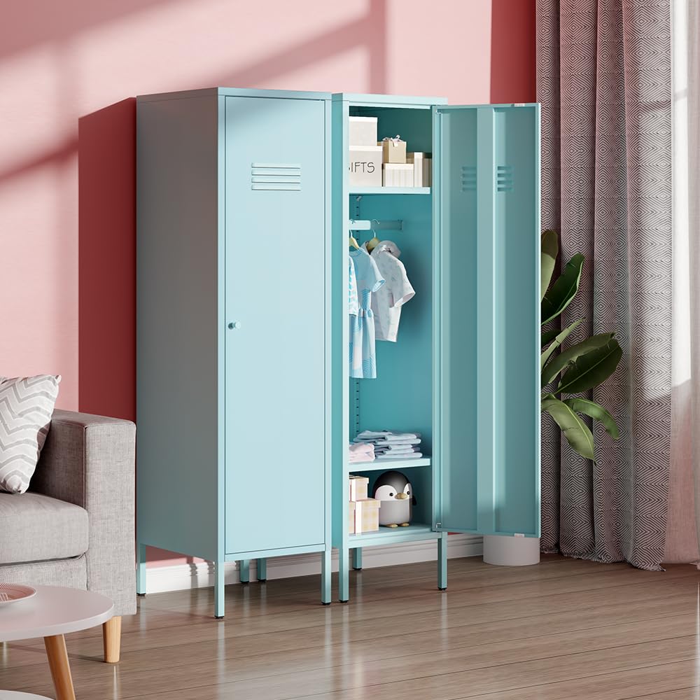 Single Door Metal Locker Storage Cabinet with 2 Adjustable Shelves - Blue School Locker for Kids, Perfect for Bedroom, Living Room & Classroom Organization