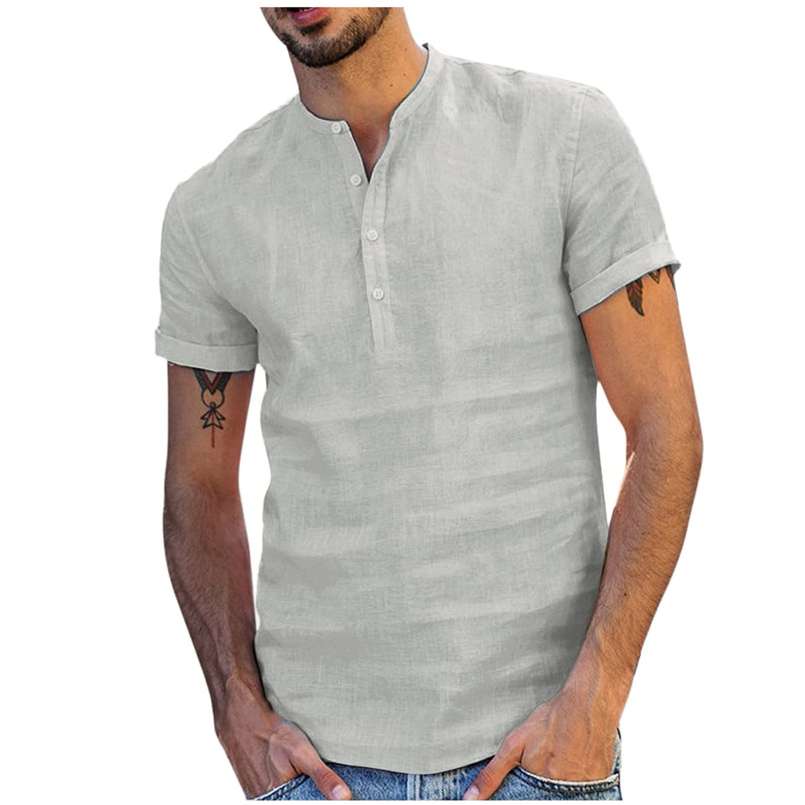 Men's Summer Linen Shirts - Slim Fit V-Neck Short Sleeve Breathable Casual Henley Tops | Perfect for Beach Outings, Vacation Wear & Summer Casual Style