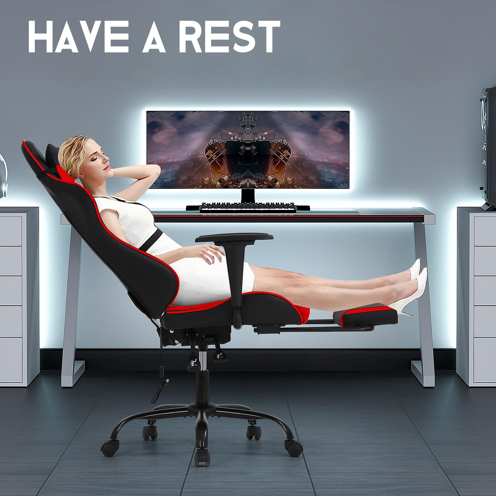 BLKMTY Ergonomic Massage Gaming Chair - High Back PU Leather Office Chair with Footrest, Lumbar Support & Headrest - Reclining Racing Computer Chair for Gamers & Professionals - Perfect for Home Office, Gaming Setup & Workstation - Red