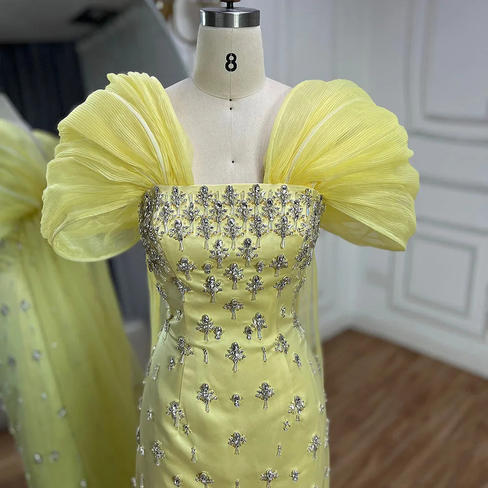 Elegant Yellow Beaded Evening Gown Dubai Style Arabic Formal Dress for Women - Perfect for Weddings, Galas & Special Occasions