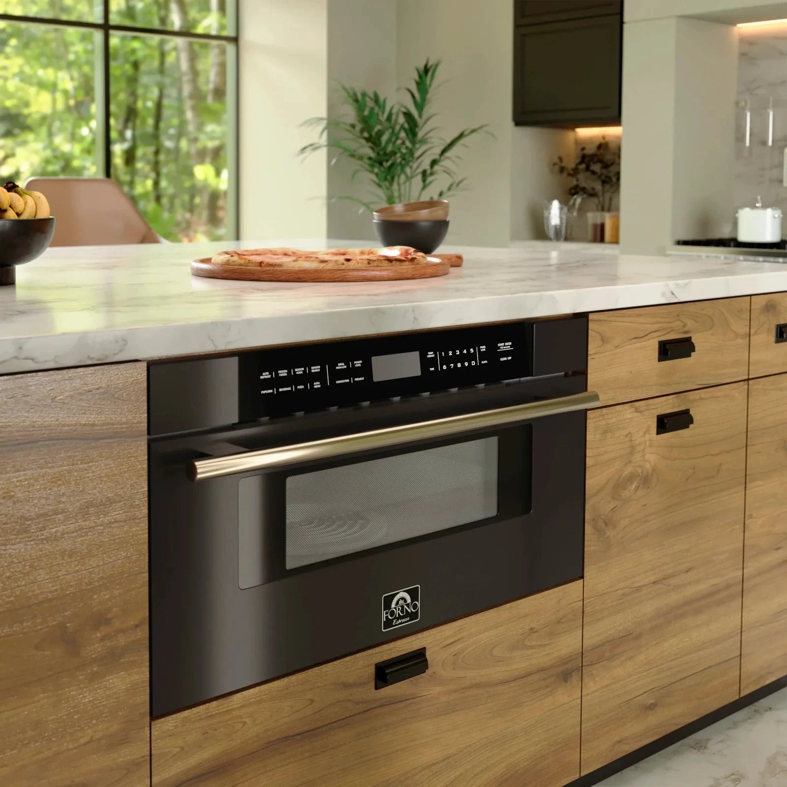 Forno FMWDR3000 30-Inch Built-In Microwave Drawer in Black with Antique Brass Finish - Perfect for Modern Kitchens, Small Spaces & Luxury Home Upgrades
