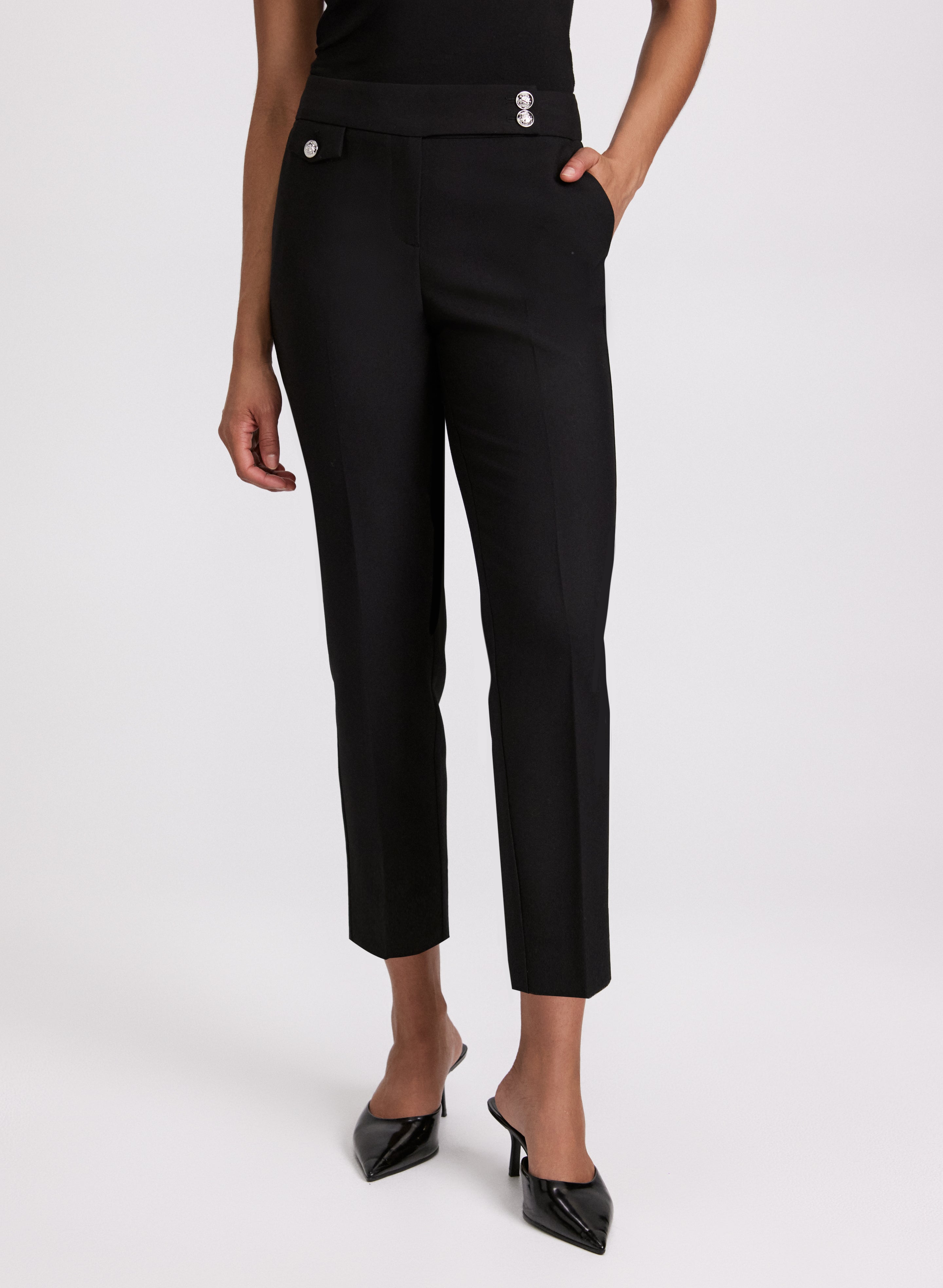 Emma Embossed Button Slim Leg Pants for Women - High Waisted Stretch Work Pants, Office & Business Casual Trousers - Perfect for Work, Travel & Everyday Wear