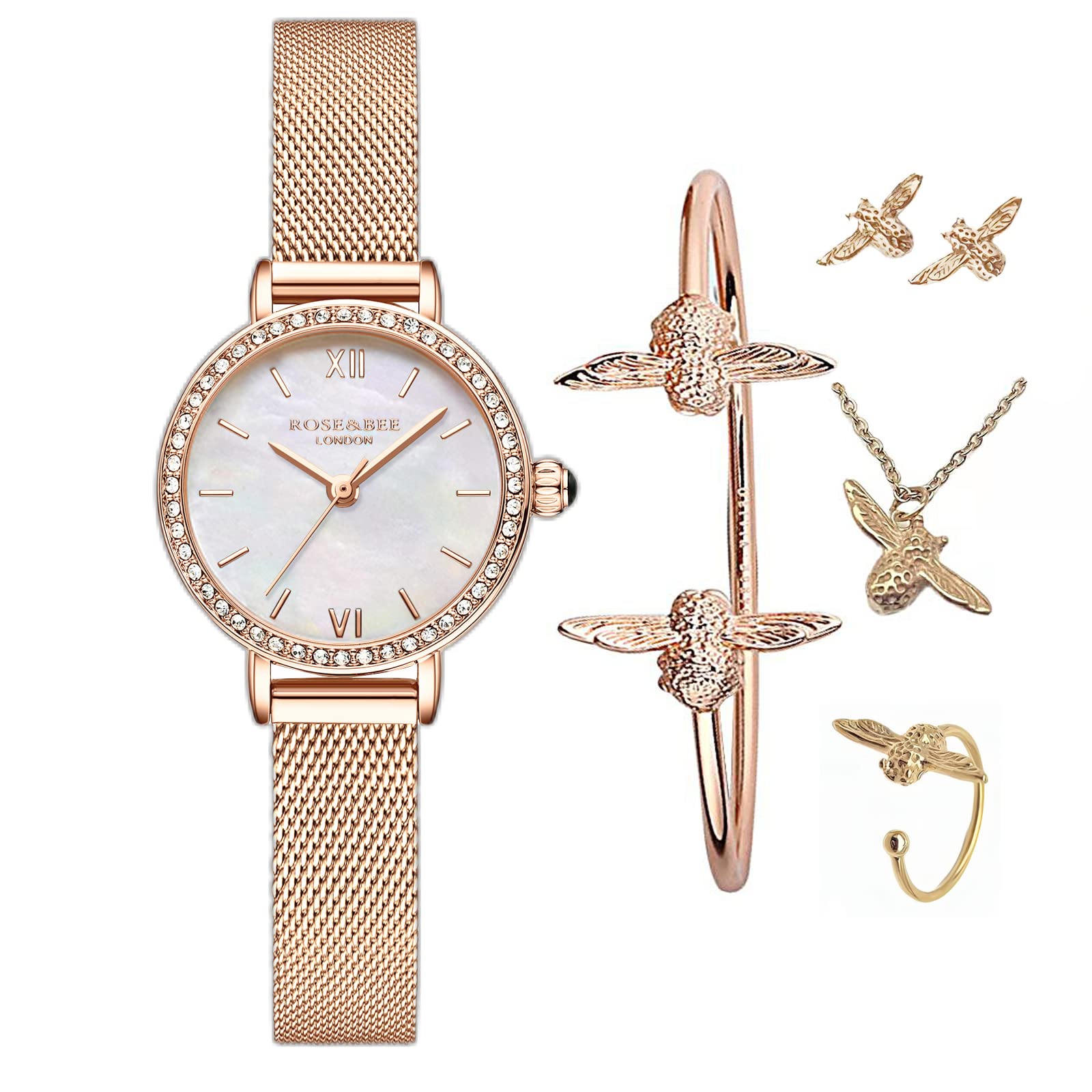 Rose&Bee Ultra Slim Diamond Women's Small Face Watch Set with Exquisite Bee Elements - 4-Piece Jewelry Accessories Combo in Colorful Rose Flower Gift Box - Perfect for Everyday Wear, Special Occasions & Gift Giving
