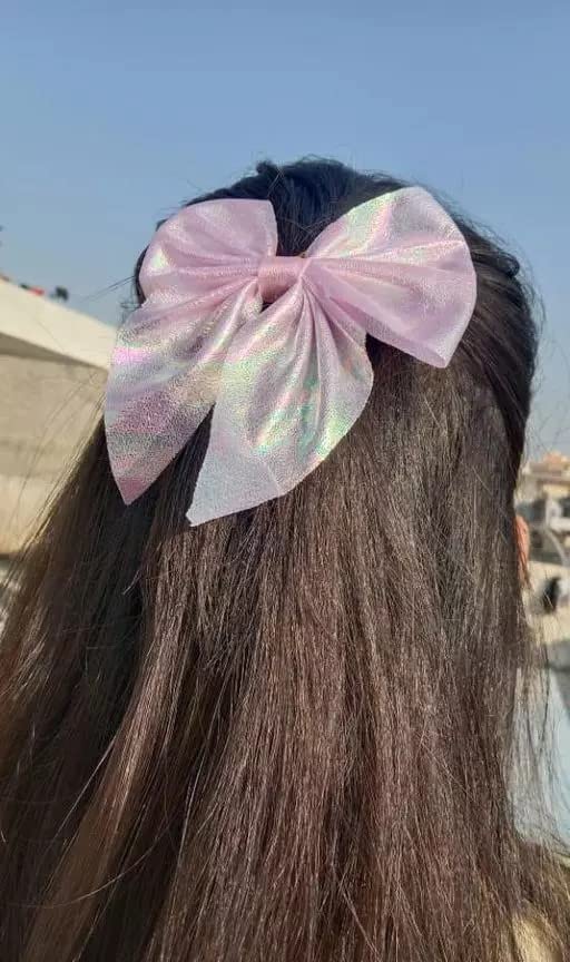 Livecool 3+1 Free Large Hair Rubber Bands with Bow Hair Clips - Barrettes with Long Ribbon Hairpins for Women & Girls - Hair Accessories Set (Big Holographic Bow, Multicolor) - Perfect for Parties, Weddings & Everyday Styling