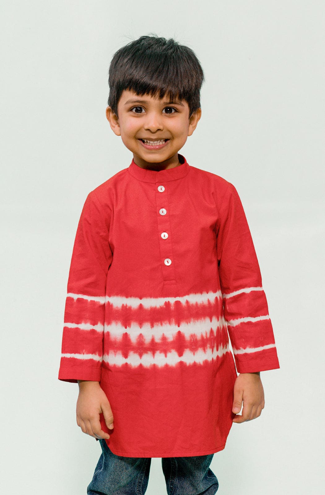 Pre Order: Boys Tie-Dye Short Kurta in Red | Stylish Indian Ethnic Wear for Festivals & Parties