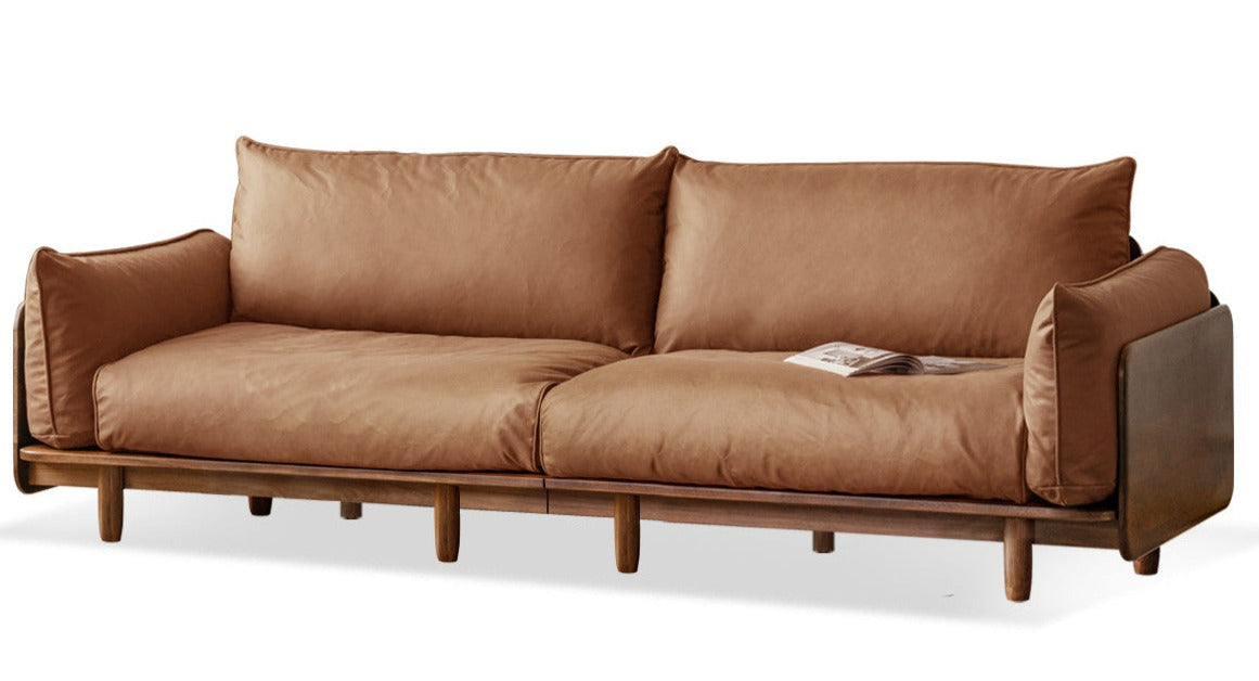 Premium Black Walnut Solid Wood Genuine Leather Sofa - Handcrafted Fabric Sofa for Living Room, Lounge & Office - Modern Comfort Furniture for Home Decor