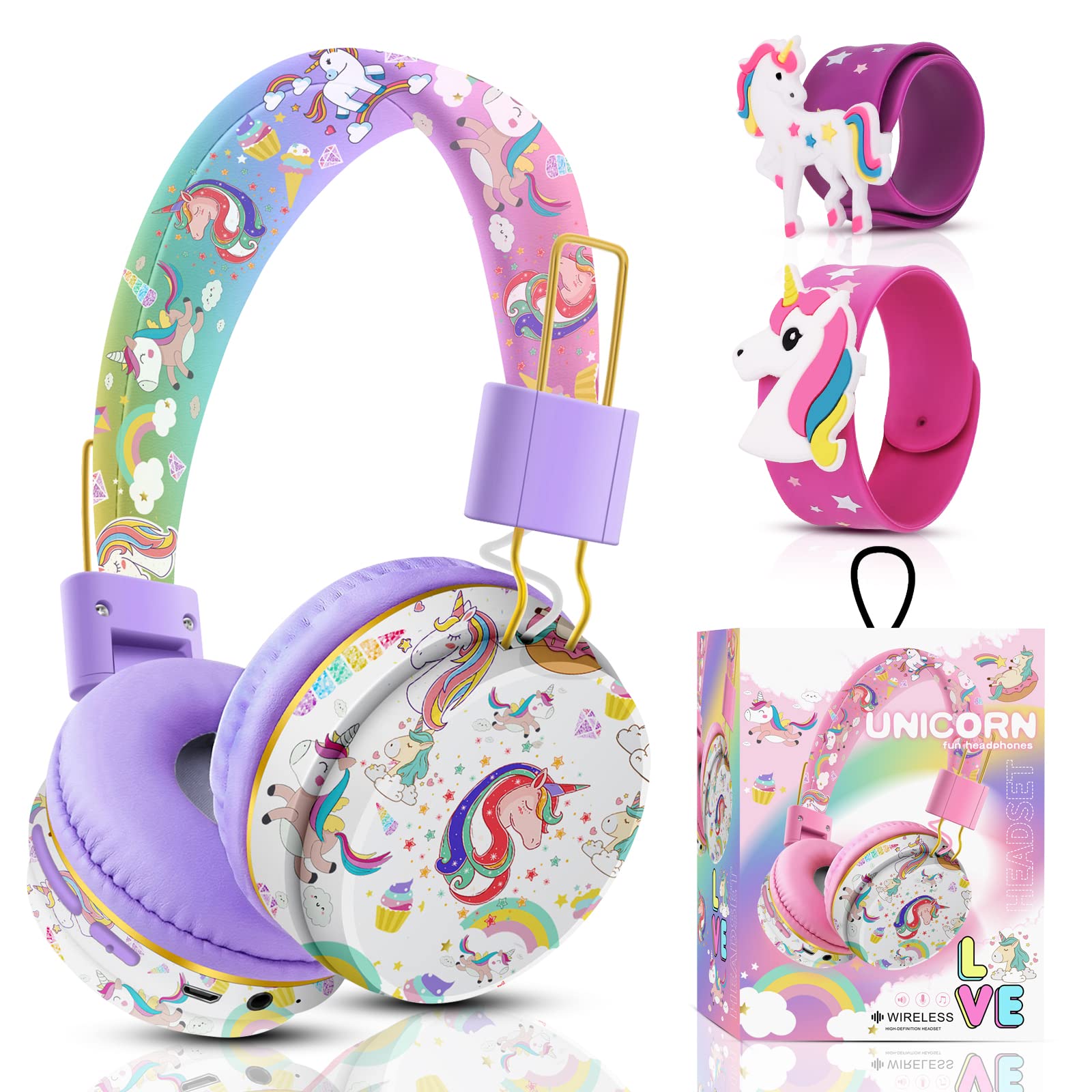 **Wireless Unicorn Headphones for Girls - Bluetooth Kids Headphones with Microphone, Adjustable Over-Ear Toddler Headphones for Ages 2+, Compatible with iPad/Fire Tablet (Purple) - Perfect for School, Travel & Home Learning**