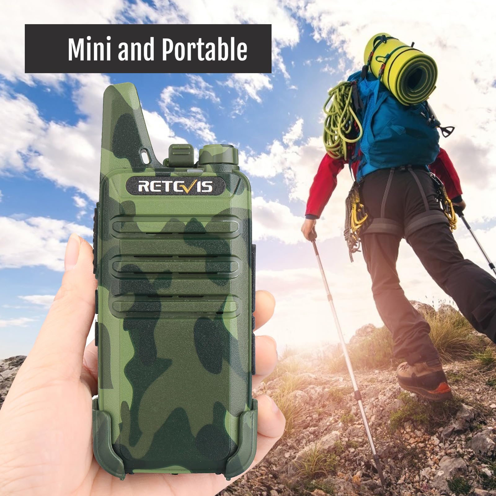 Retevis RT22 Rechargeable Walkie Talkies with VOX, Emergency Alarm & Long Range - Ideal for Outdoor Adventures, Cruise Ships, ATV, Hunting & Skiing (4 Pack, Camouflage) | Perfect for Family Camping, Hiking & Emergency Communication