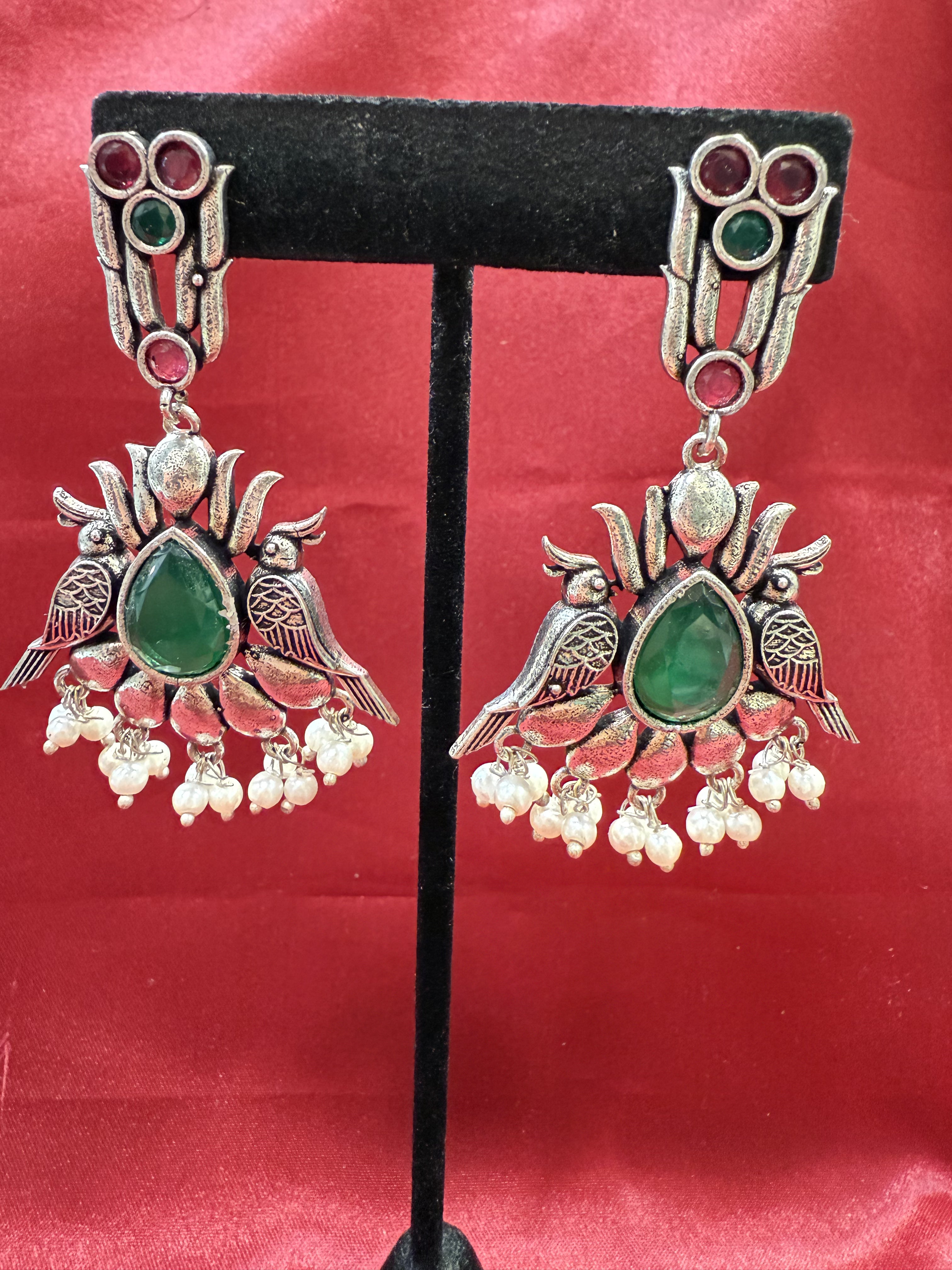 Exquisite Dark Green & Magenta Stone Beaded Bird Design Oxidized Earrings for Women | Boho Chic Jewelry Gift for Parties, Weddings & Special Occasions