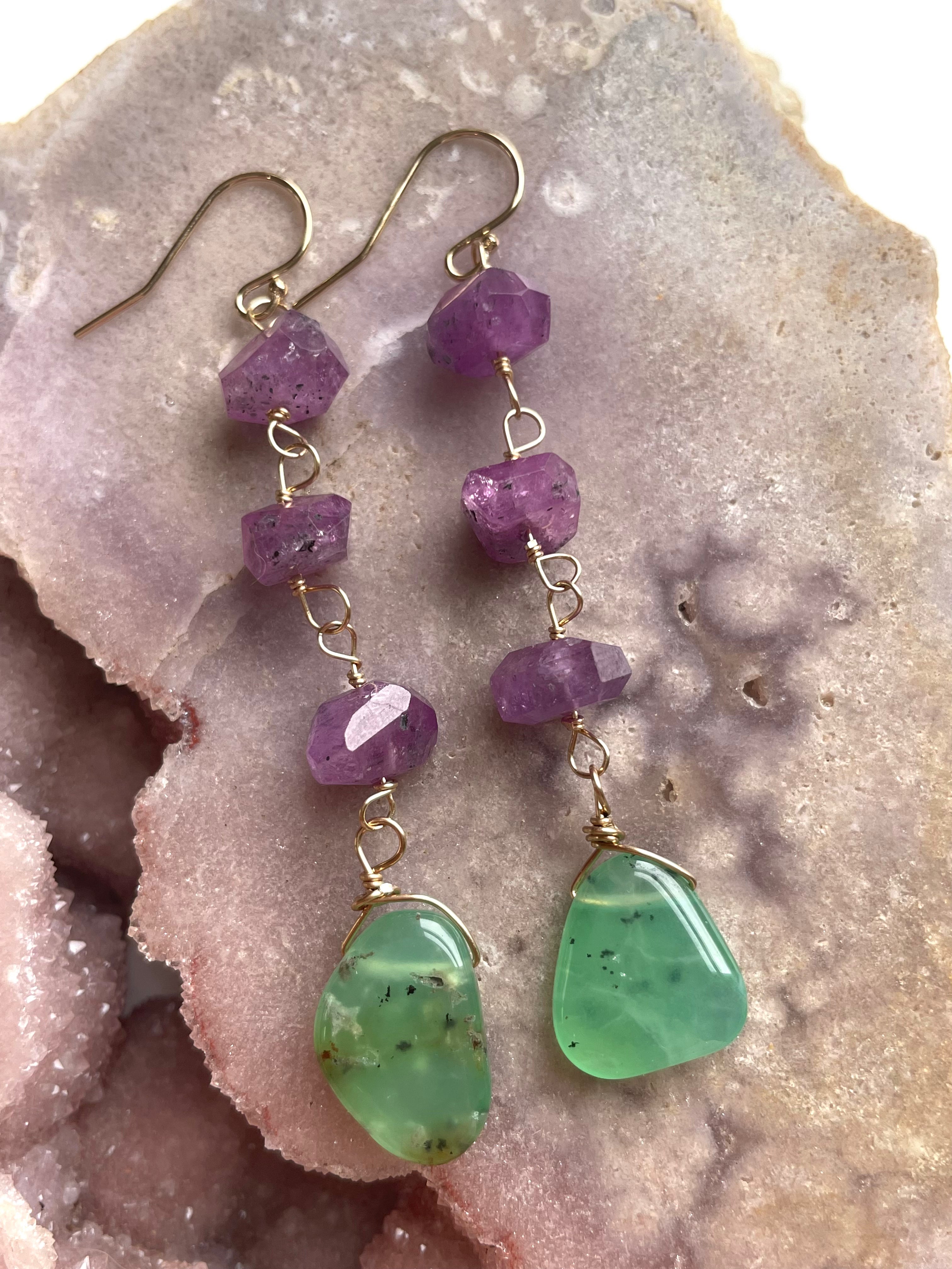 Natural Pink Sapphire & Chrysoprase Gold Filled Crystal Dangle Earrings for Women - Elegant Boho Jewelry for Parties, Weddings & Everyday Wear