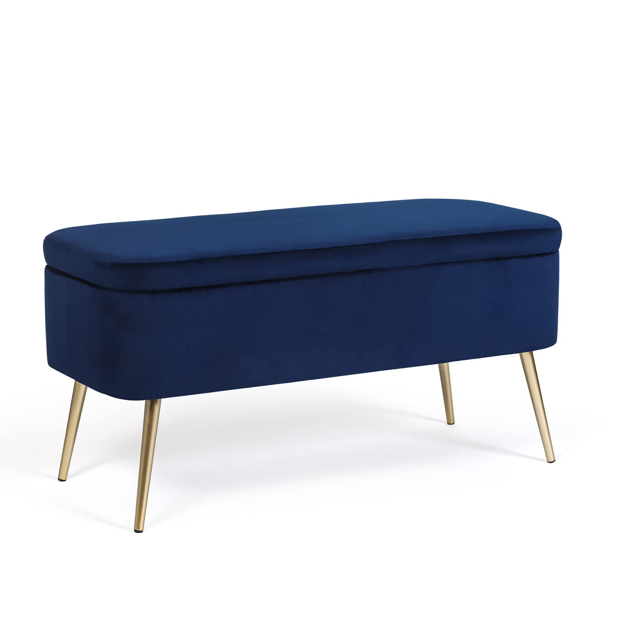 Joveco Velvet Upholstered Storage Bench with Golden Metal Legs - Modern Ottoman Footrest for Living Room, Bedroom, Entryway - Blue Velvet Seat with Padded Cushion | Perfect for Extra Seating, Storage & Home Decor