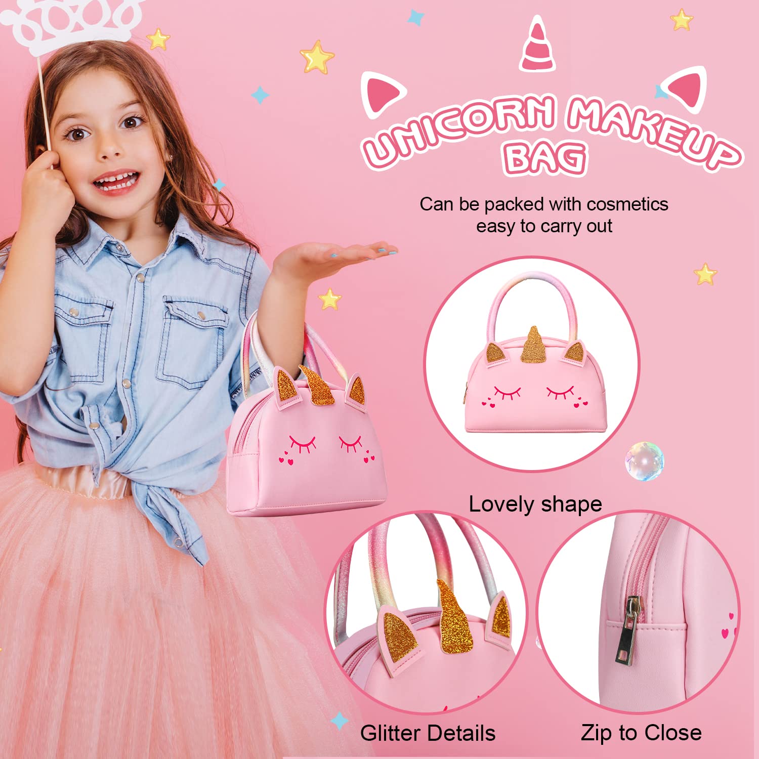 TOY Life Kids Real Make Up Kit for Girls - Washable & Non-Toxic Cosmetic Set with Pink Unicorn Bag - Pretend Play Dress Up Toys for Toddlers Ages 3-12 - Perfect for Birthday Gifts, Role Play & Dress Up Parties