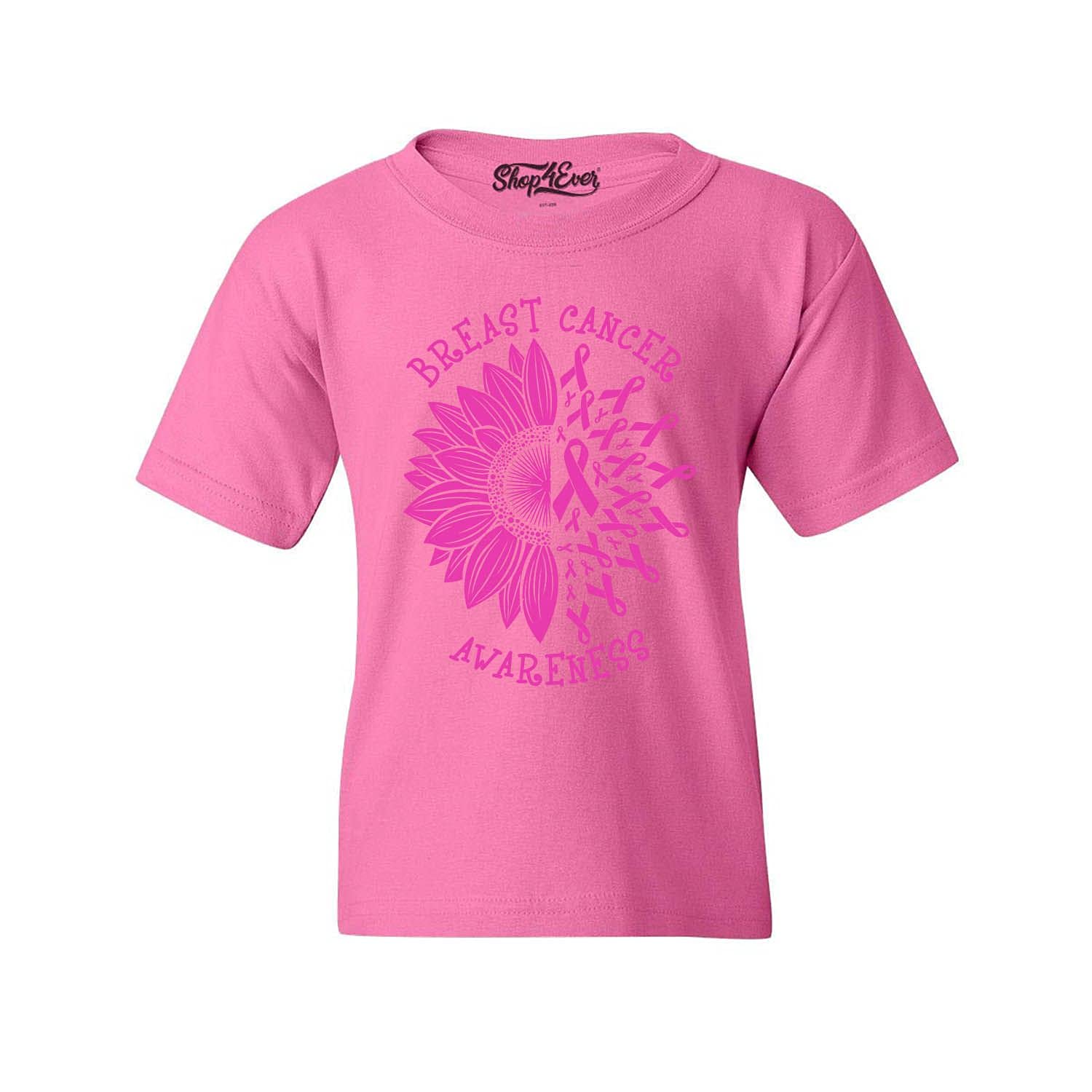 Shop4ever® Youth's Pink Ribbon Breast Cancer Awareness T-Shirt - Soft & Comfortable Sunflower Design for Support & Awareness - Perfect for Fundraisers, Walks, and Everyday Wear