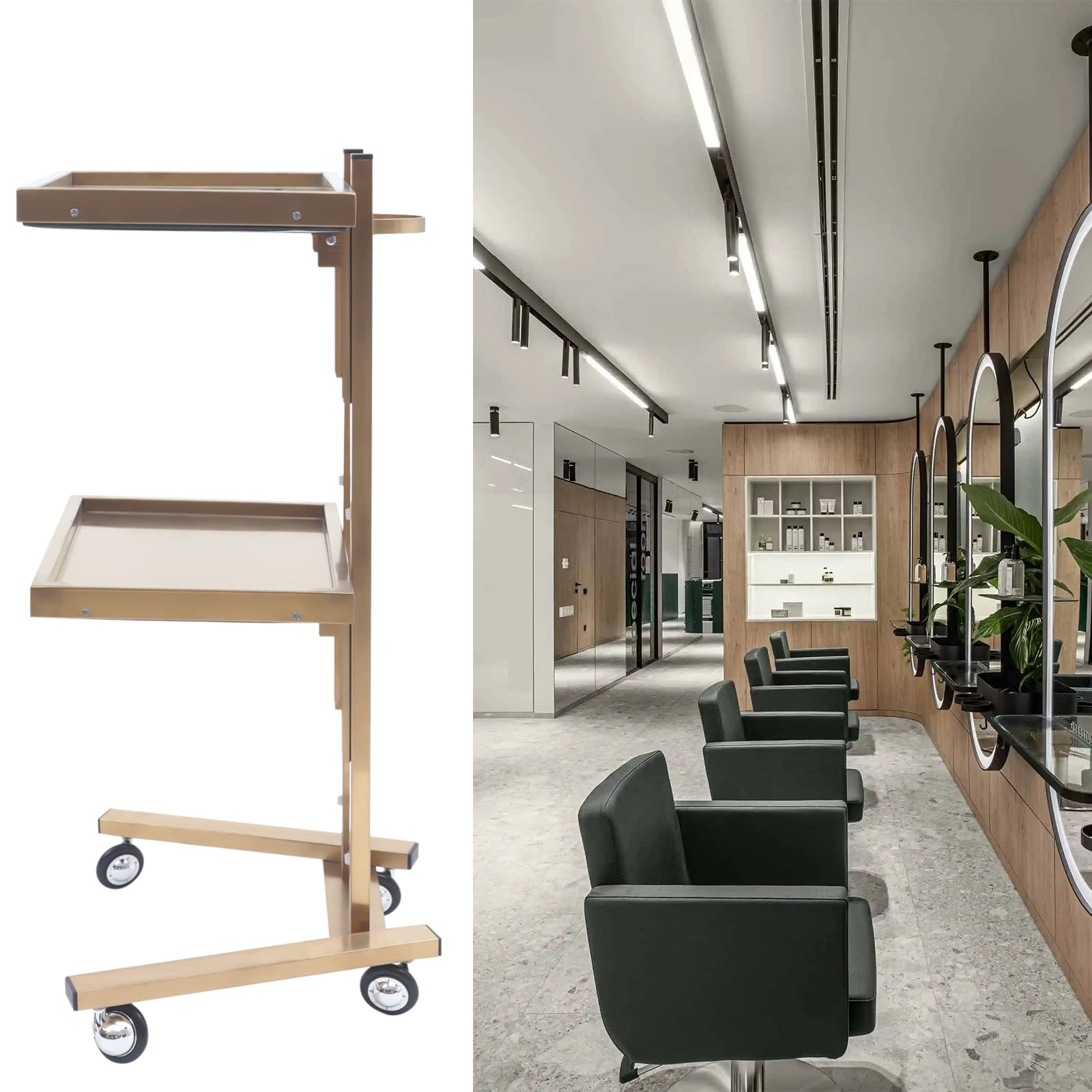 Premium 2-Tier Salon Rolling Cart - Beauty Spa Machine Holder & Storage Trolley for Salon, Studio, Clinic & Dental Office - Gold | Mobile Organizer for Hair Styling, Nail Art & Medical Equipment
