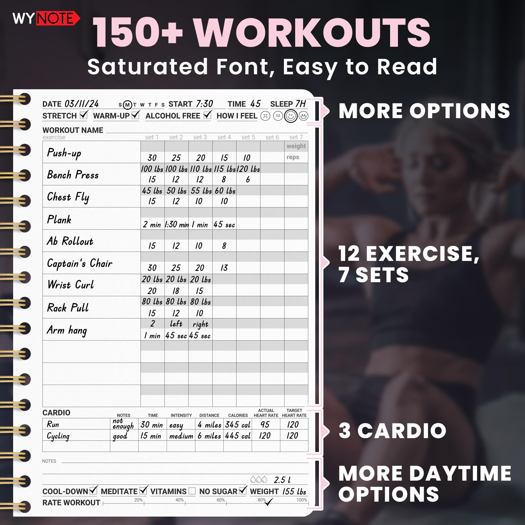 Pink Fitness Journal for Women - 150+ Workout Templates, Yearly Calendar & 55 Tracking Metrics | A5 Workout Planner with Body Fat Tracker, 12 Trackable Items, 7 Comparison Periods & Goal Setting | Perfect for Gym, Home Workouts & Weight Loss Journey