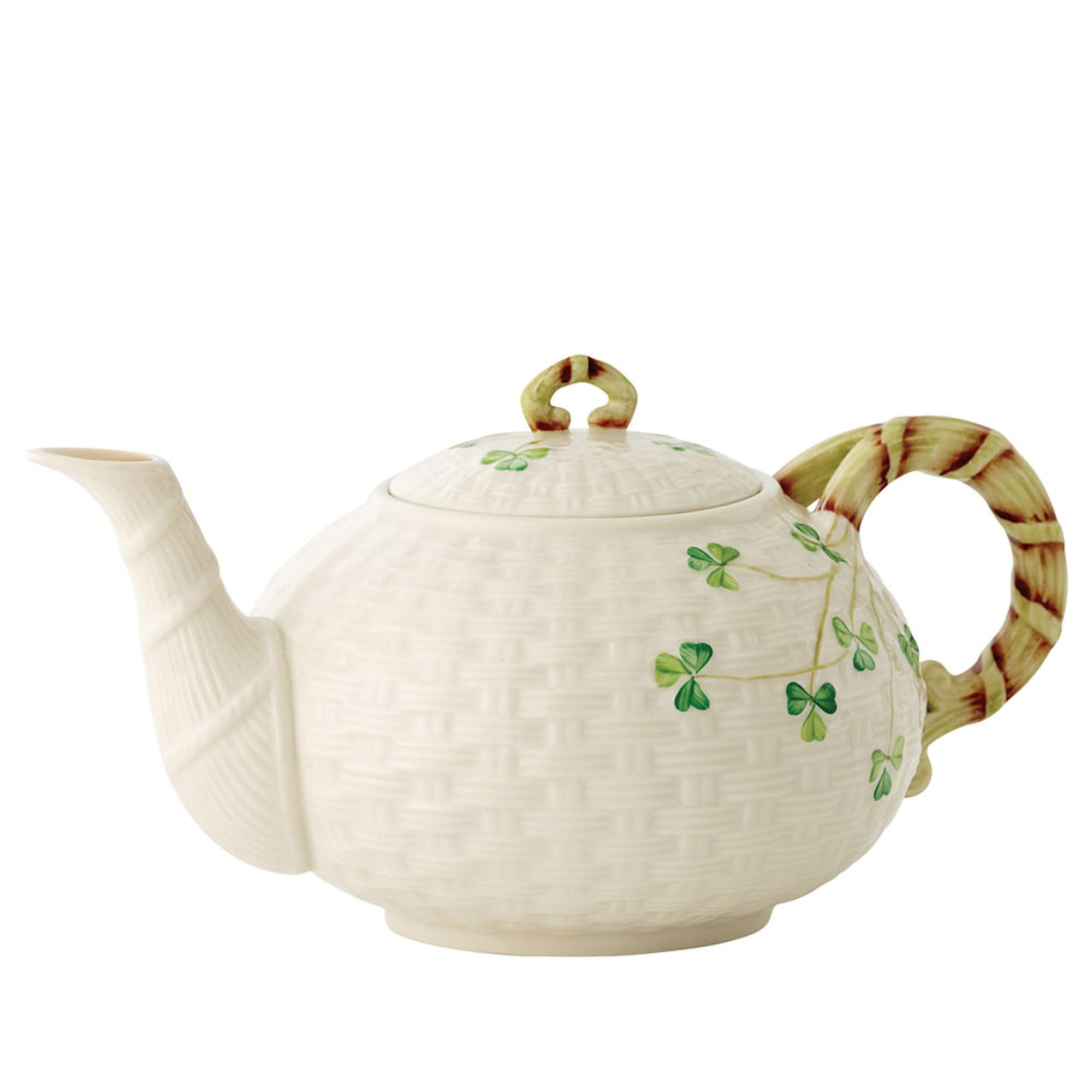 Belleek Classic Shamrock Fine Parian China Tea Pot - 35 oz Irish Handmade Ceramic Loose Leaf Teapot - Microwave & Dishwasher Safe Porcelain Teapot for Tea Lovers - Perfect for Afternoon Tea, Home Decor & Gift Giving