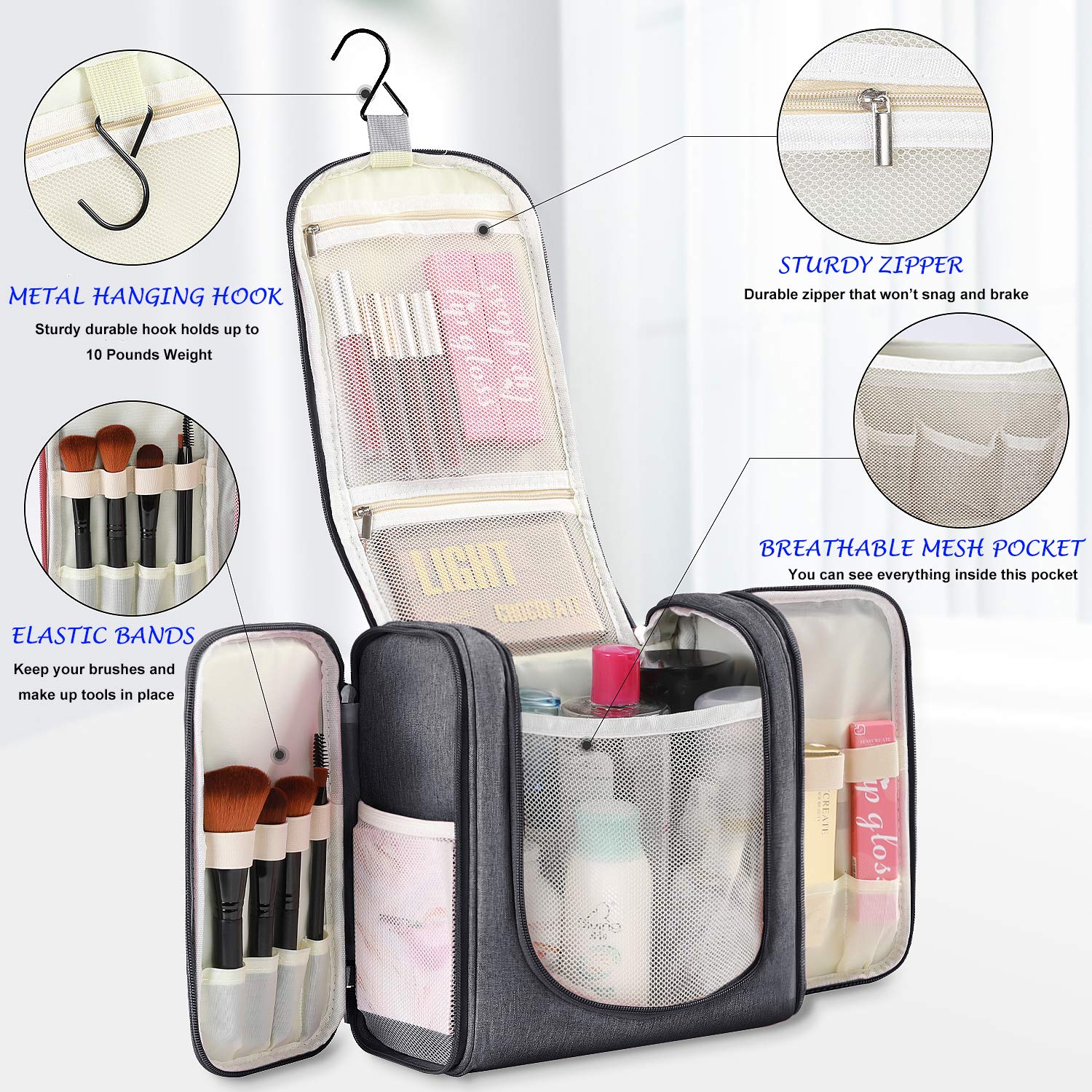 Extra Large Hanging Toiletry Bag - Premium Travel Organizer for Men & Women | Waterproof Nylon Bathroom & Shower Bag | Perfect for Cosmetics, Makeup Brushes & Toiletries | Ideal for Travel, Camping & Gym Use