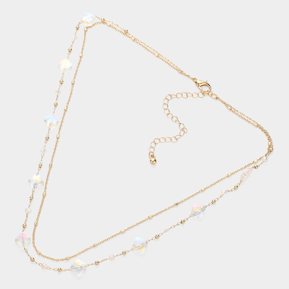 Elegant Clear Gold Faceted Quatrefoil Beaded Layered Chain Necklace for Women - Perfect for Weddings, Parties & Everyday Wear