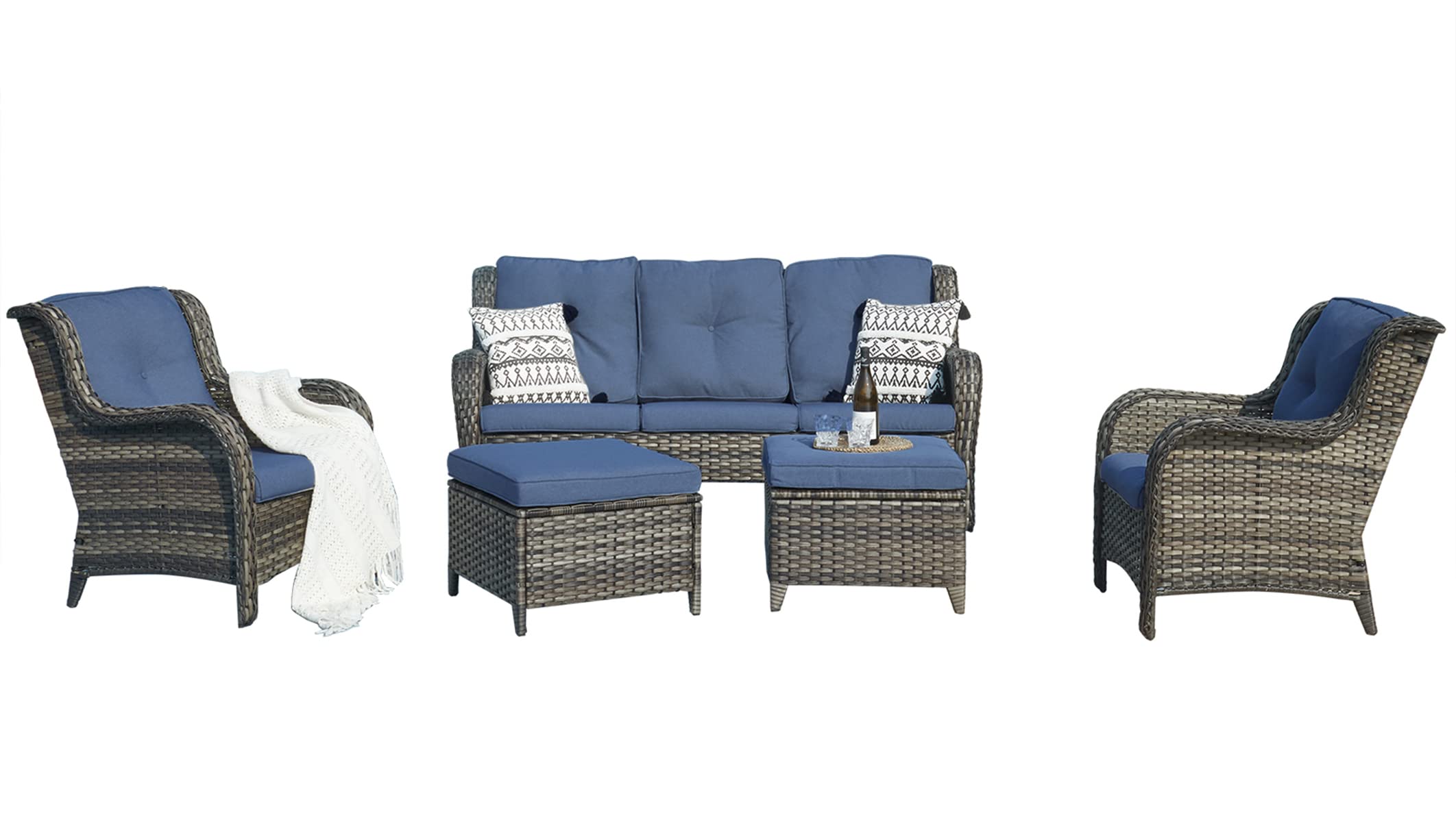 5-Piece Outdoor Patio Wicker Furniture Set - Rattan Sectional Sofa with 3-Seat Couch, 2 Armchairs & 2 Ottoman Footrests for Garden, Backyard, Poolside (Mixed Grey/Blue) - Weather-Resistant Patio Conversation Set