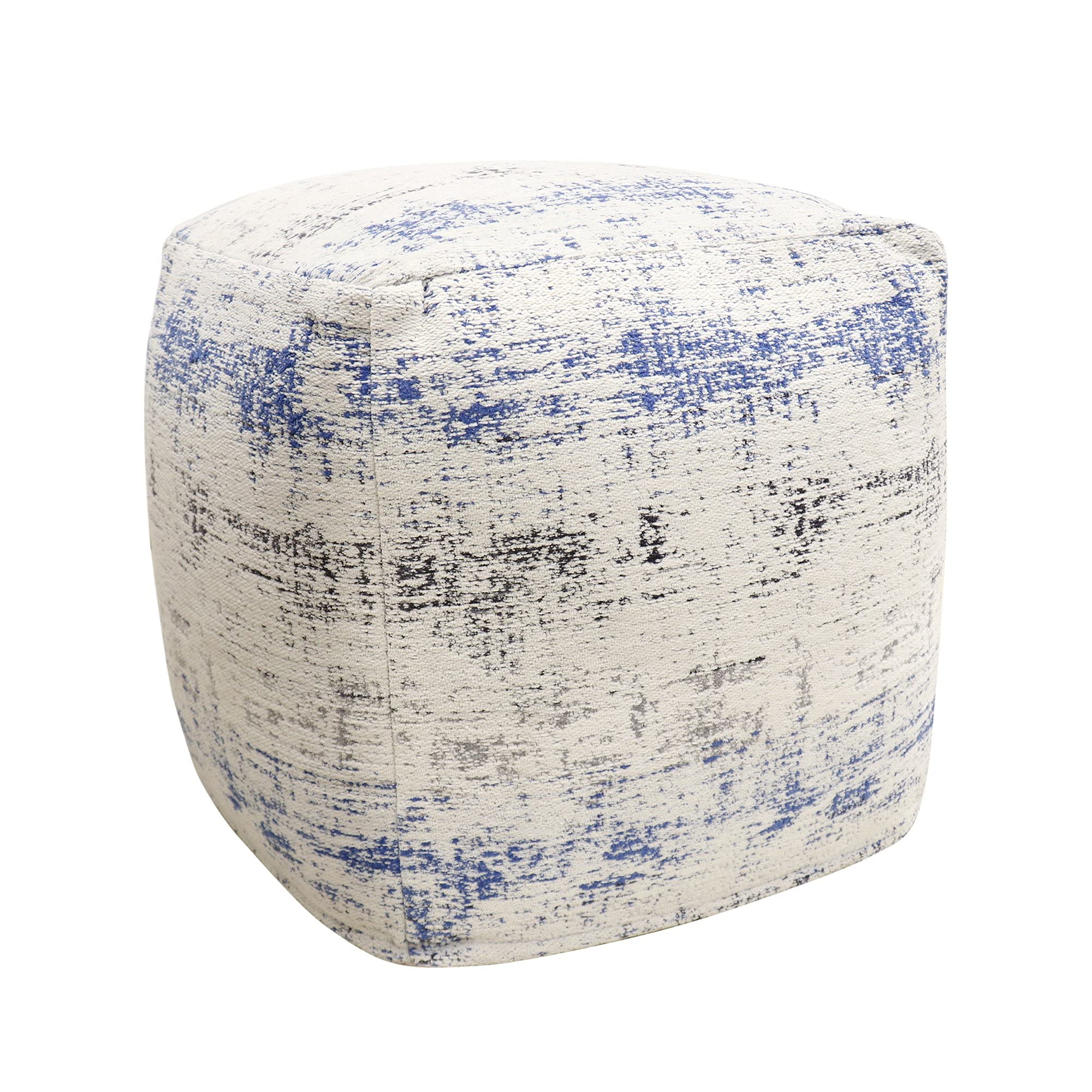 Pasargad Home Grand Canyon Distressed Cotton Pouf - Jacquard Woven Square Ottoman with Polly Beads Filling - 20x20x20 Inch Ivory/Blue Footrest & Lounge Seat - Luxury Living Room Decor for Sofa, Bedroom & Reading Nook