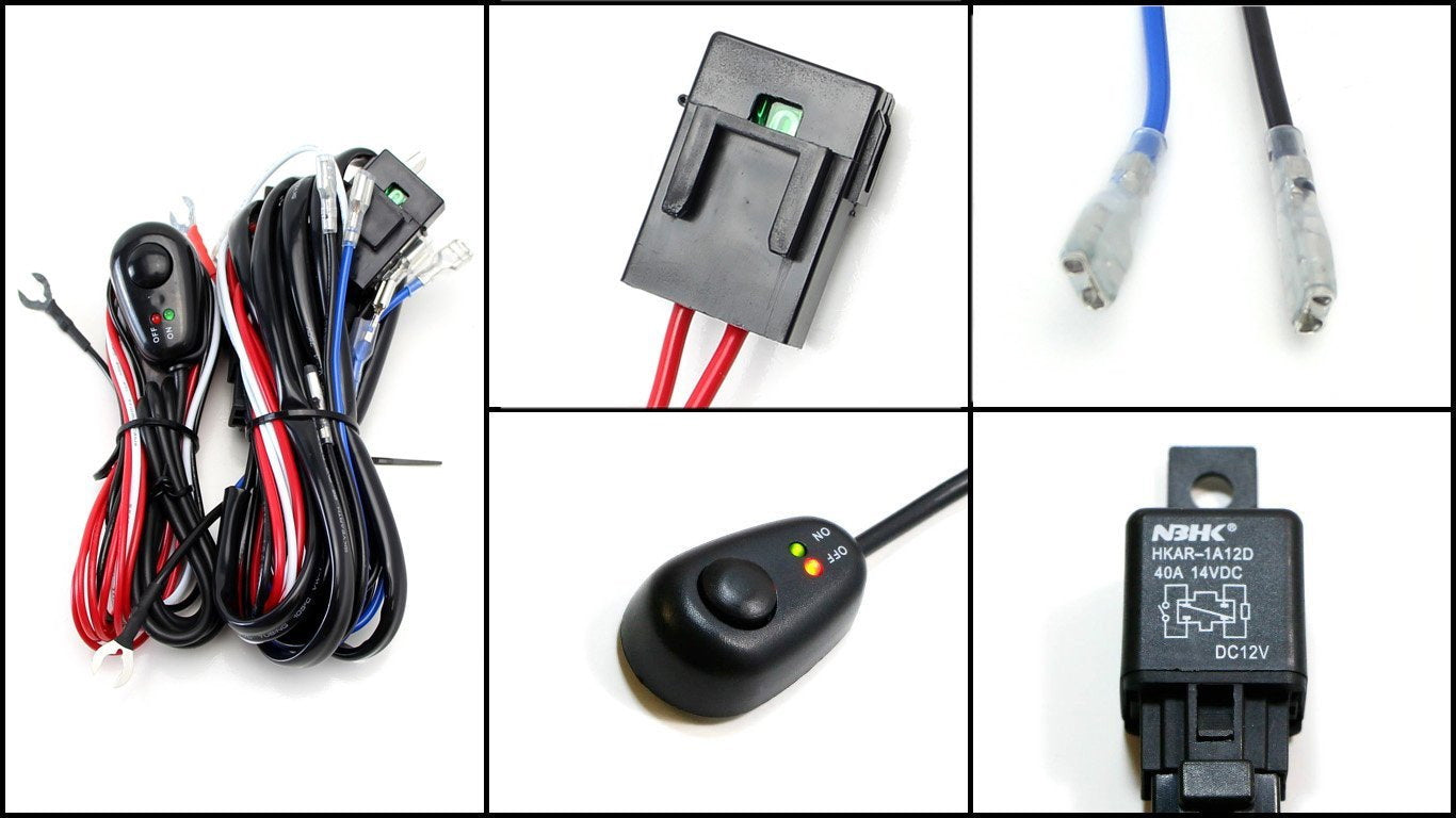 4 Output Relay Harness Wire Kit with LED ON/OFF Switch for Fog Lights & HID Work Lamps - Perfect for Off-Road Trucks, ATVs, and Marine Lighting Upgrades