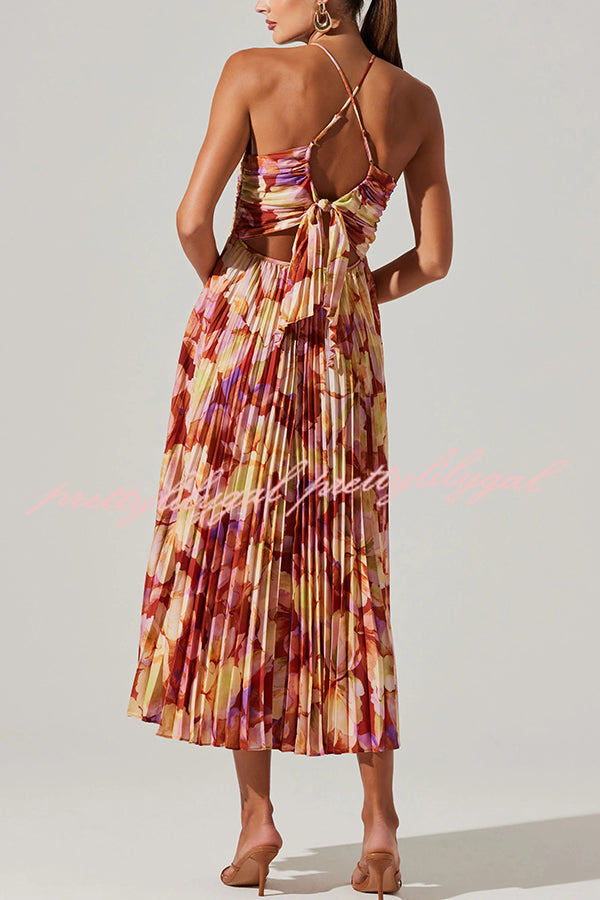 Floral Print Pleated Midi Dress with Back Tie Detail - Perfect for Wedding Parties, Bridal Showers & Summer Events