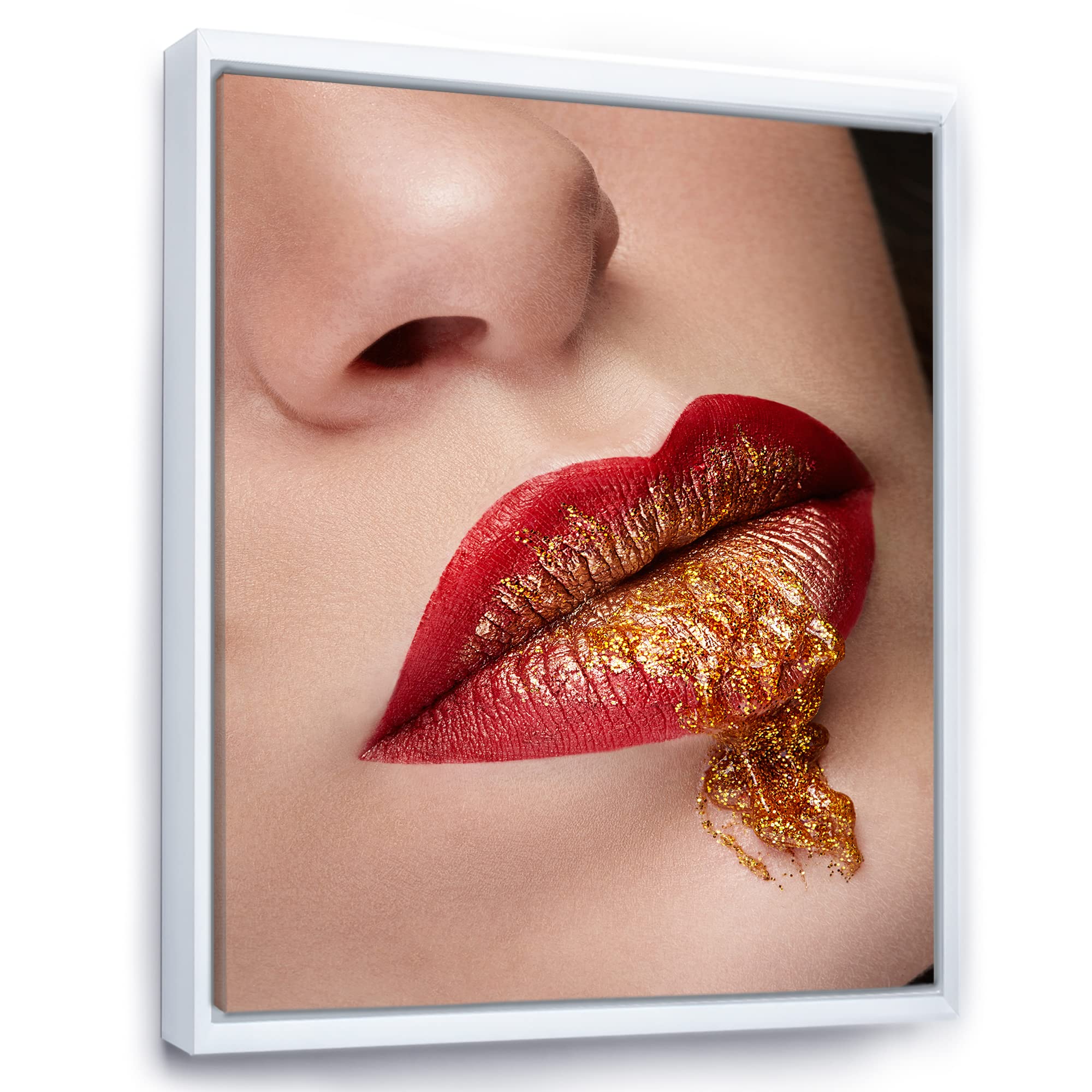 Red and Gold Lips Makeup Modern Framed Canvas Wall Art Print - Perfect for Living Room, Bedroom & Office Decor