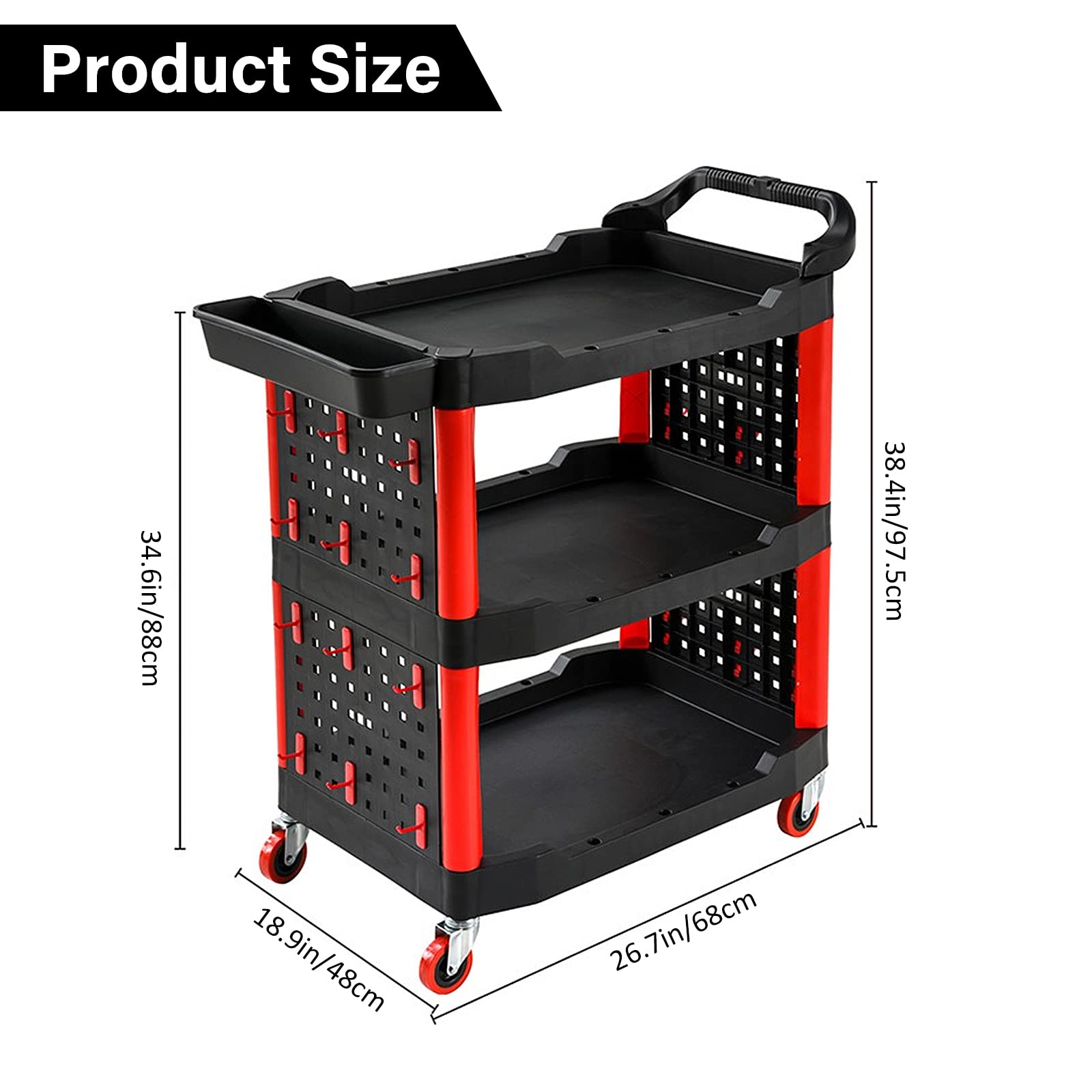 3-Tier Rolling Utility Detailing Cart with Side Hanging Plate & Hooks - Mobile Mechanic Tool Trolley for Car Wash, Detailing, Repairs & Waxing - Perfect for Auto Shops, Garages & Professional Detailers