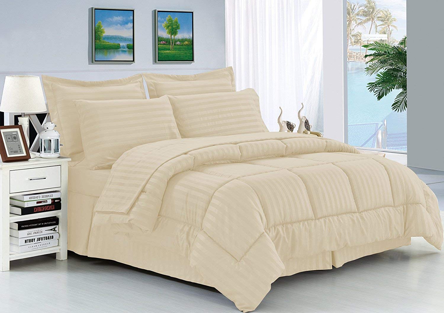 Stripe Comforter Set Palatial King 120x98 - 5 Piece Soft Cotton Down Alternative Bedding Set with 4 Pillowcases in Ivory | Luxury Bedroom Decor for Master Suite & Guest Room