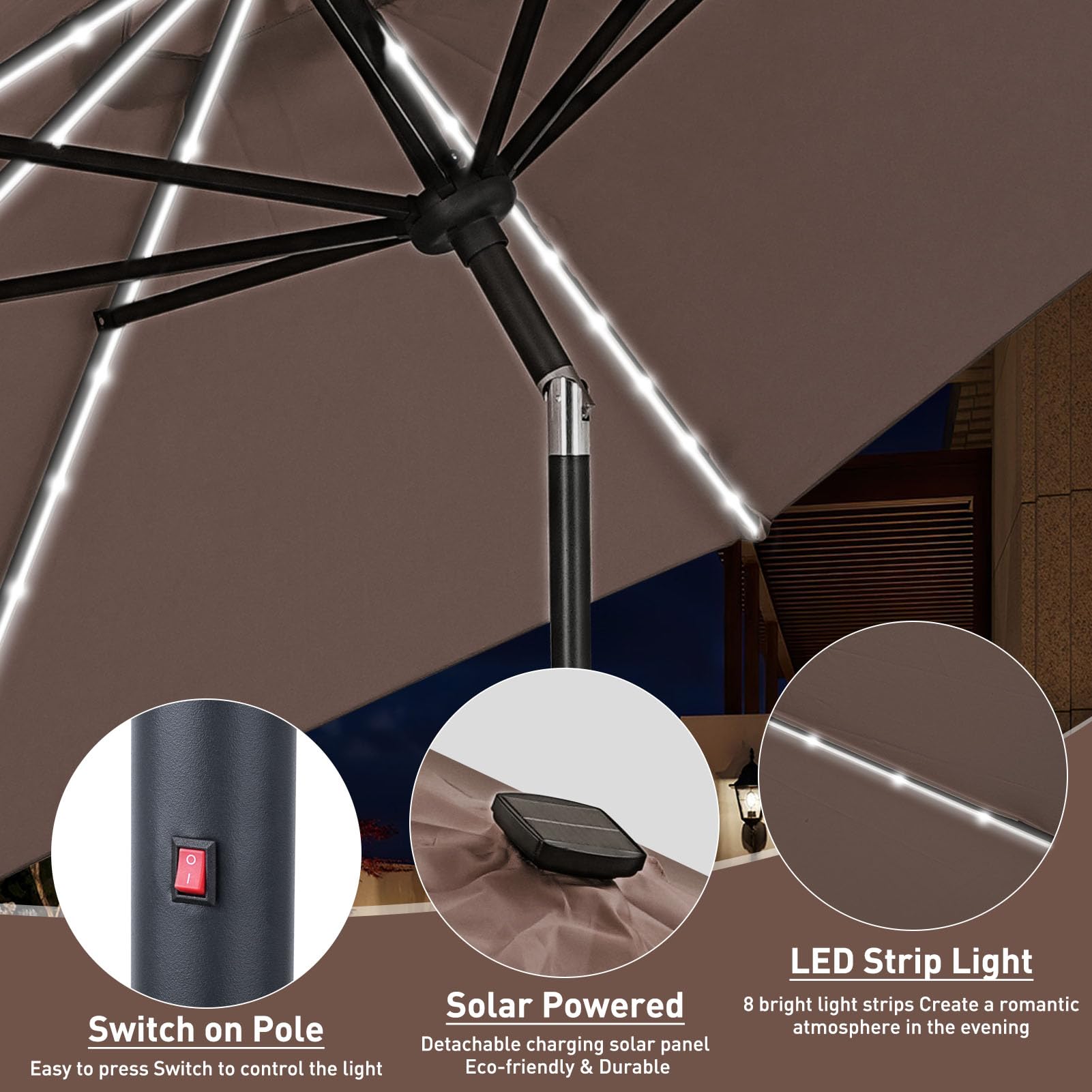 10ft Solar LED Patio Umbrella with Lights - Outdoor Cantilever Umbrella with Easy Crank & Tilt Mechanism for Garden, Poolside, Deck, Backyard - Perfect for Lounging, Dining & Outdoor Entertaining