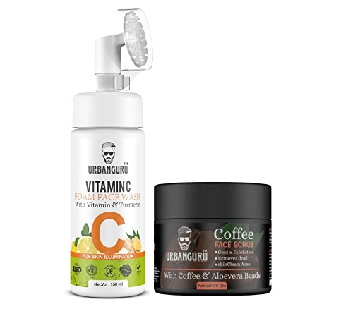 URBANGURU Men's Coffee Face Scrub & Vitamin C Face Wash (100g + 150ml) - Exfoliating Scrub for Blackhead & Whitehead Removal, Dead Skin Cell Remover, Detan Pack with Coffee, Vitamin C & Turmeric - Perfect for Daily Skincare & Men's Grooming Routine
