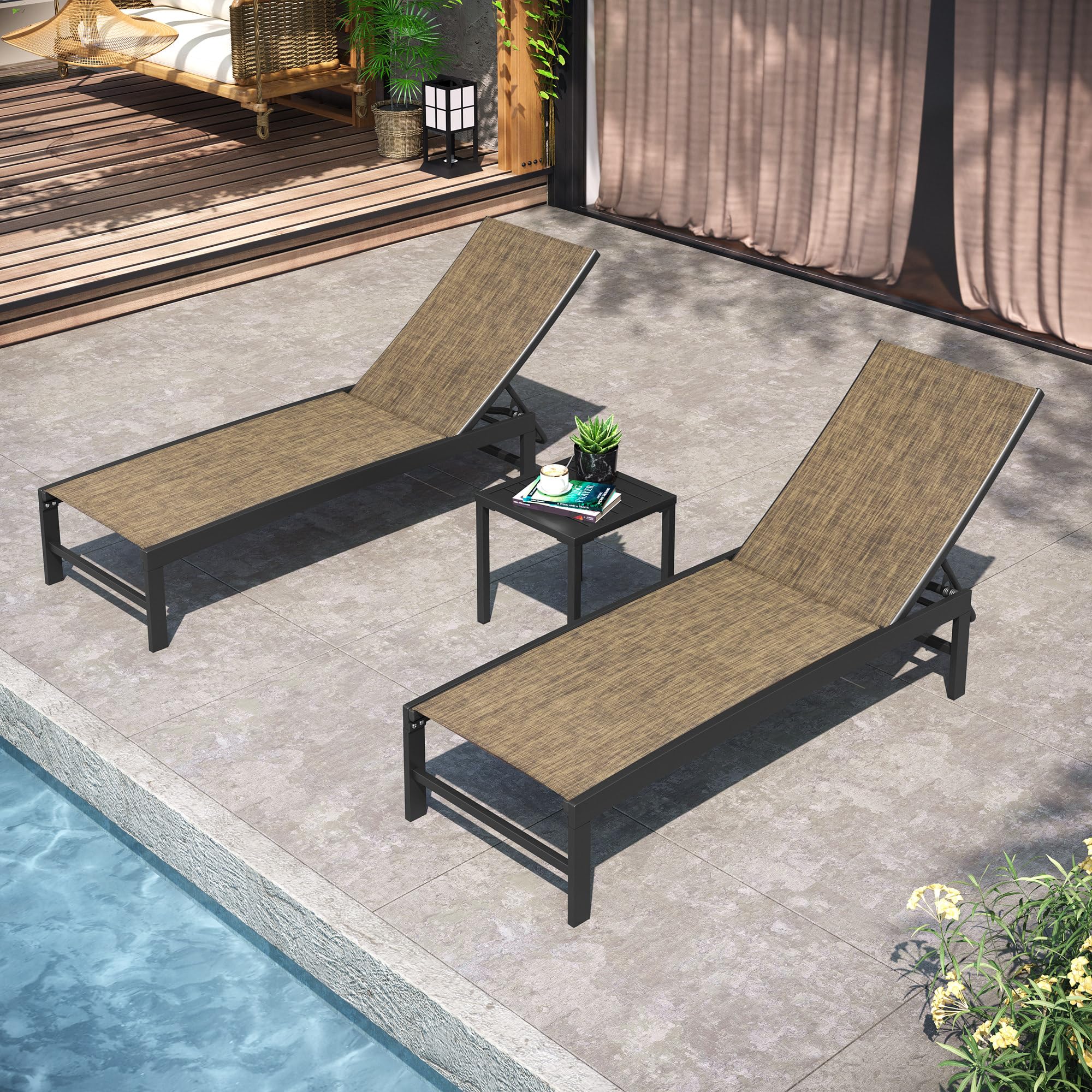 Pellebant Outdoor Lounge Chairs Set of 2 - Adjustable Patio Chaise Lounge Chairs with Rustproof Aluminum Frame for Poolside, Backyard & Sunbathing (Grey & Brown, 2-Piece Set) - Perfect for Relaxing by the Pool, Beach or Garden