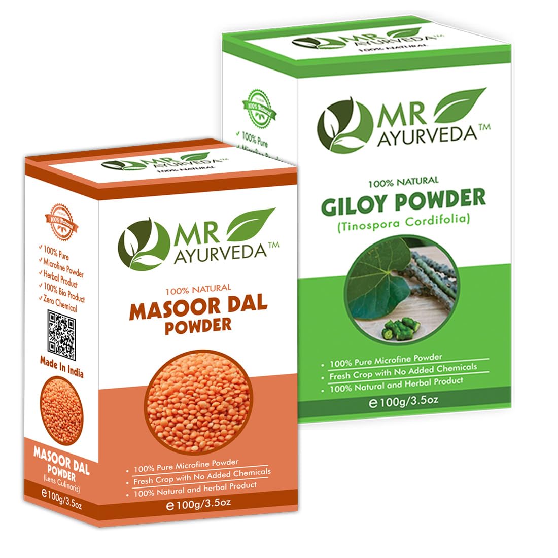MR Ayurveda 100% Pure Masoor Dal Powder & Giloy Powder Combo Pack (200g) | Organic Ayurvedic Herbs for Immunity Boost & Skin Care | Perfect for Smoothies, Face Masks & Herbal Tea