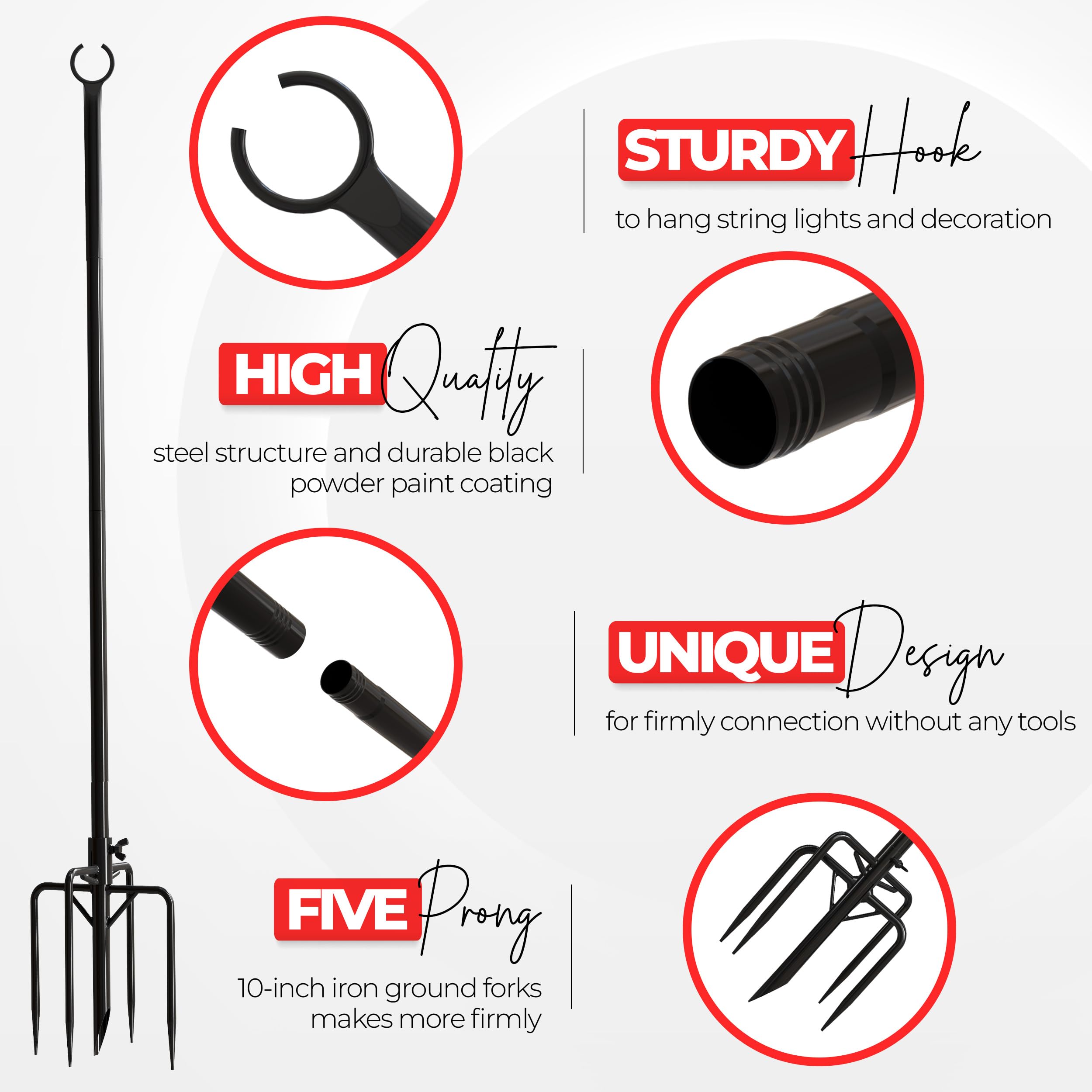 Utopia Home 4 Pack 9FT Outdoor String Light Poles - 2 in 1 Assembly with Clips & Fork for Garden, Backyard, Patio - Weather-Resistant Black Metal Poles for Hanging String Lights, Party Decor & Landscape Lighting