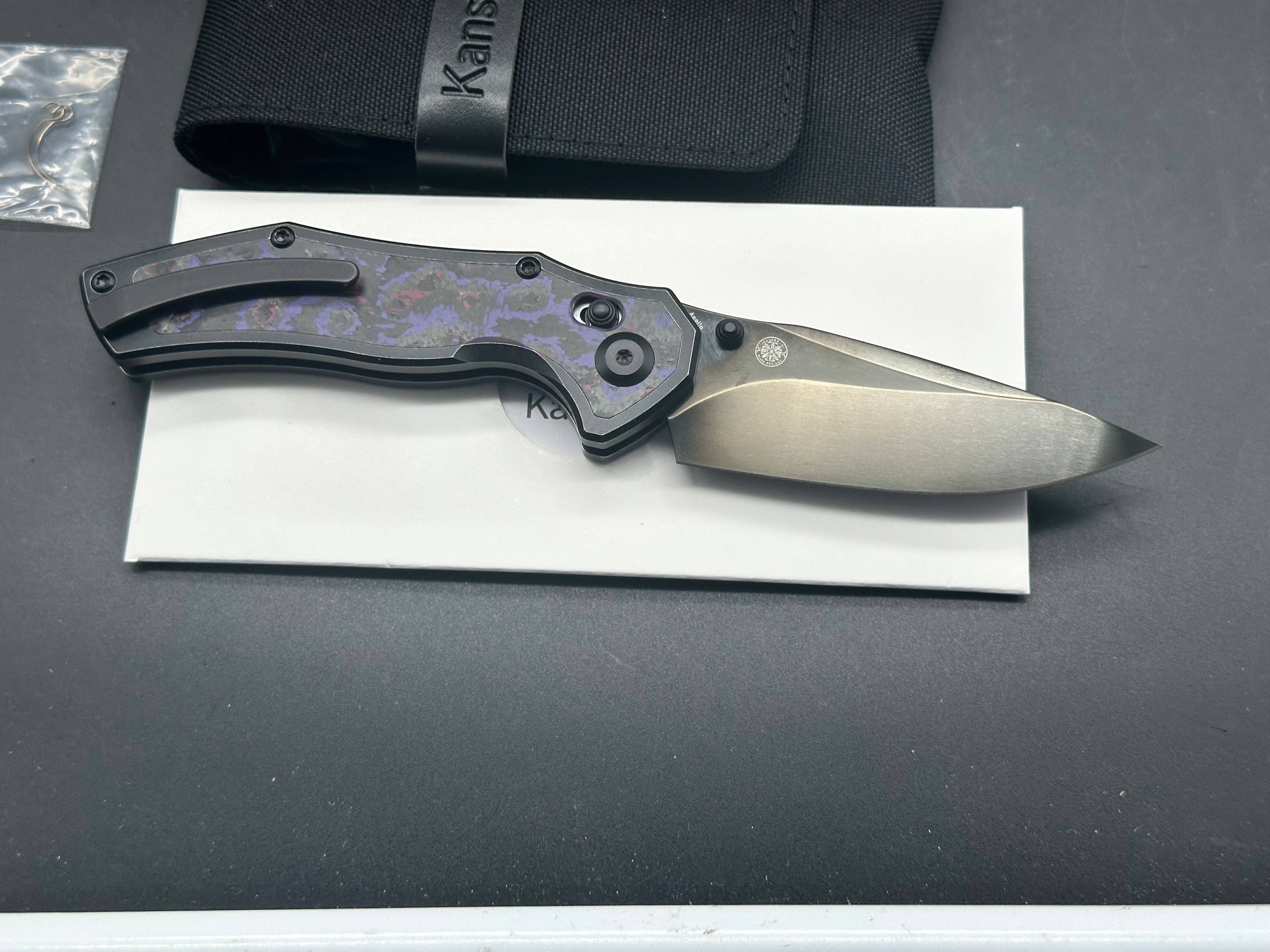 KANSEPT APOLLO Folding Pocket Knife - Blackwash Titanium & Purple Haze Fatcarbon Handle, S35VN Blade with Mirror DLC Coating - EDC, Outdoor, Camping, Survival Gear