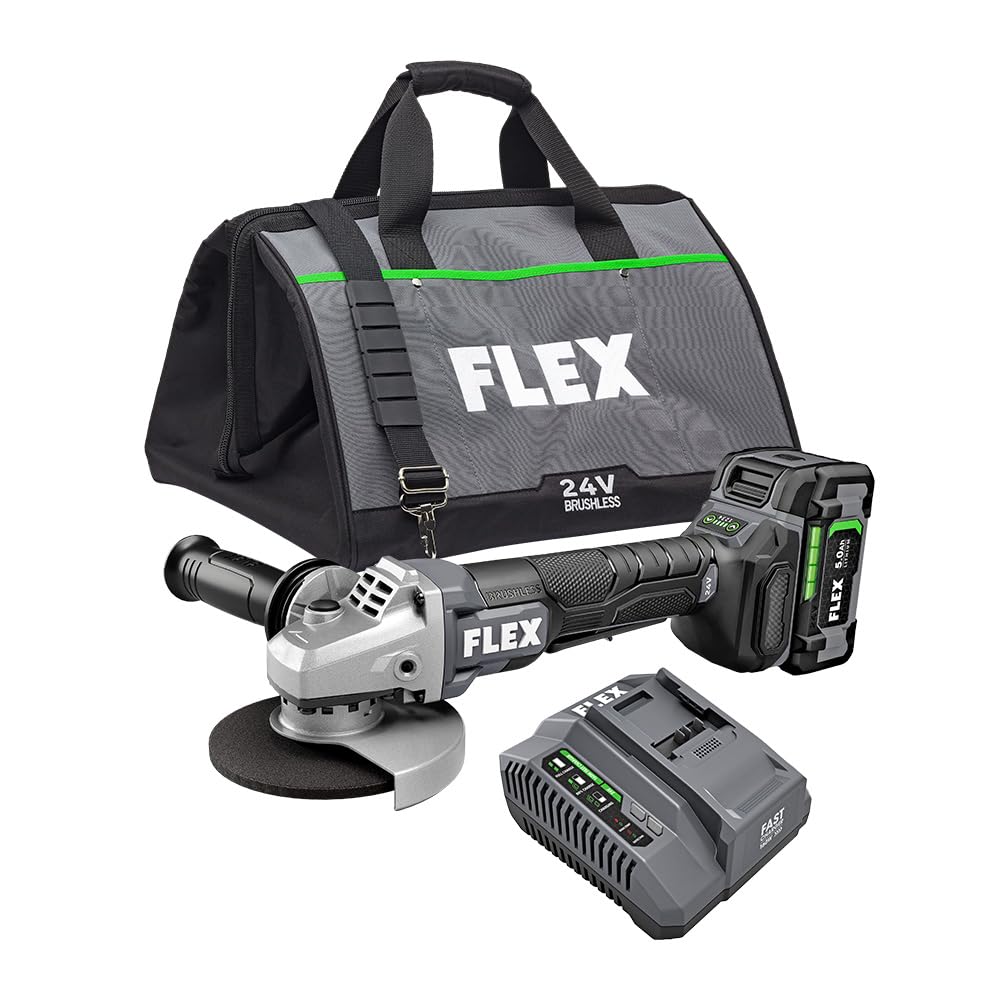 FLEX 24V Brushless Cordless 5-Inch Angle Grinder with 10,000 RPM Variable Speed, Paddle Switch, 5.0Ah Lithium Battery & 160W Fast Charger - FX3171A-1C - Perfect for Metal Cutting, Grinding, and DIY Projects