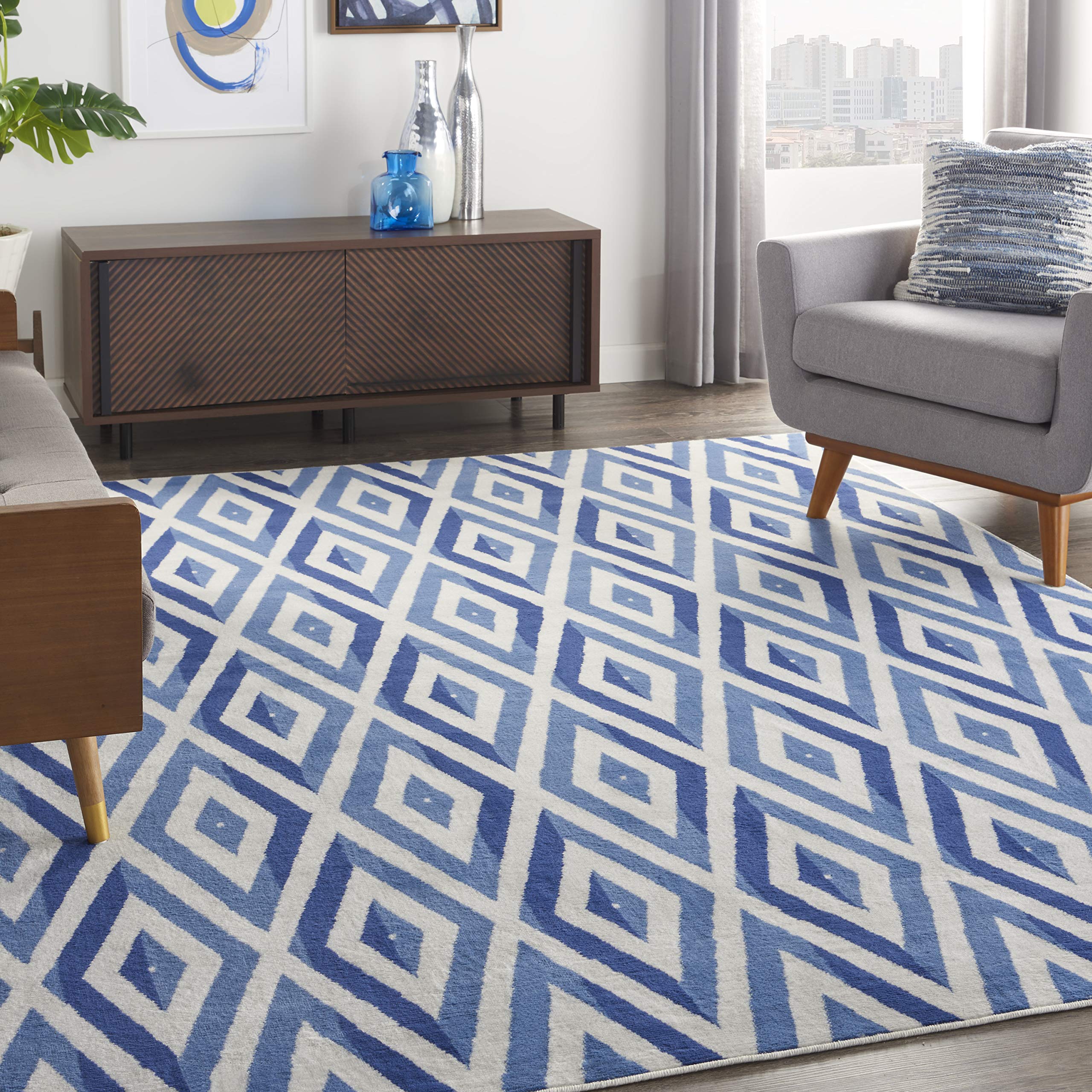 Nourison Whimsicle Diamond Ivory Blue 8' x 10' Area Rug - Easy to Clean, Non-Shedding, Stain Resistant for Bedroom, Living Room, Dining Room & Kitchen | Soft & Durable Indoor Rug for Home Decor (8x10)